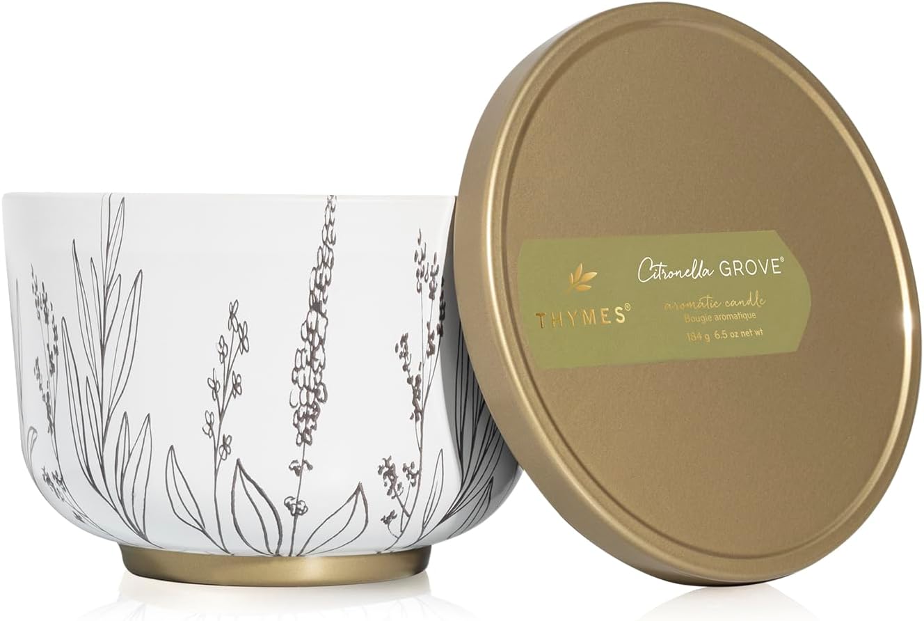 Thymes Scented Candles for Women & Men – Tin with Lid – Luxury Home Decor – Citronella Candles with Notes of Olive Leaf, Lemongrass, & Gardenia – Outdoor Decor (Citronella Grove, 6.5 oz)