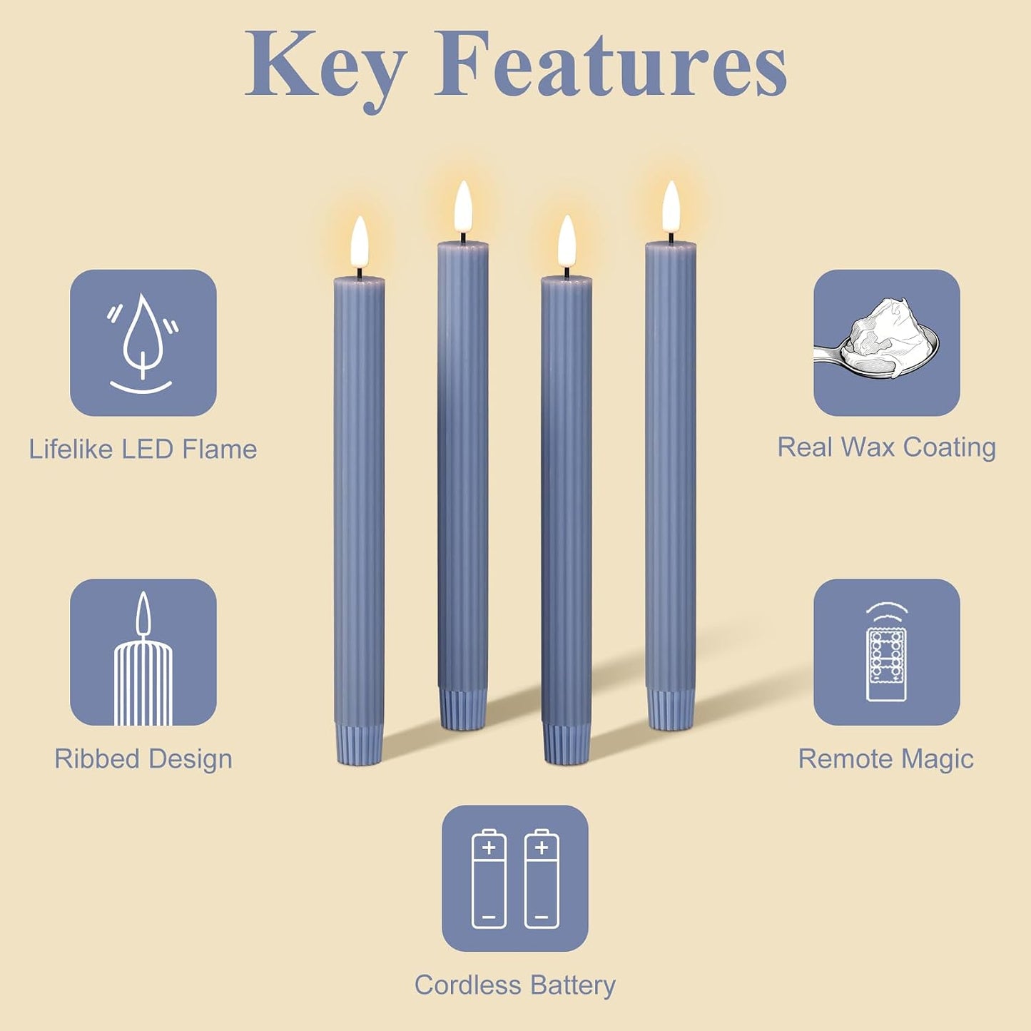 Dusty Blue Ribbed Fluted Flameless Taper Candles with Remote, Flickering Battery LED Wax Candlesticks Wedding Home Decor Set of 4