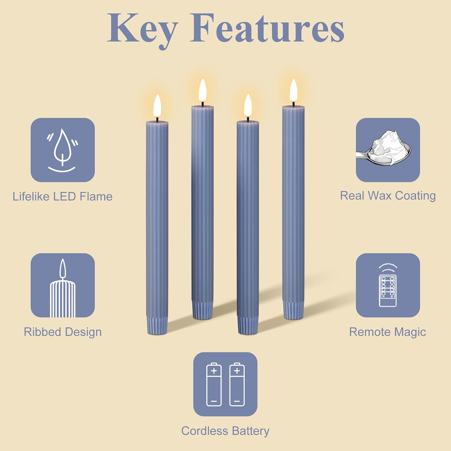Dusty Blue Ribbed Fluted Flameless Taper Candles with Remote, Flickering Battery LED Wax Candlesticks Wedding Home Decor Set of 4