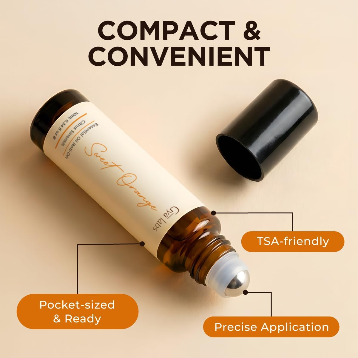Gya Labs Sweet Orange Essential Oil Roll On - 0.34 Fl Oz - Travel Size Roller for Camping, Skin, Aromatherapy Relief, Convenience