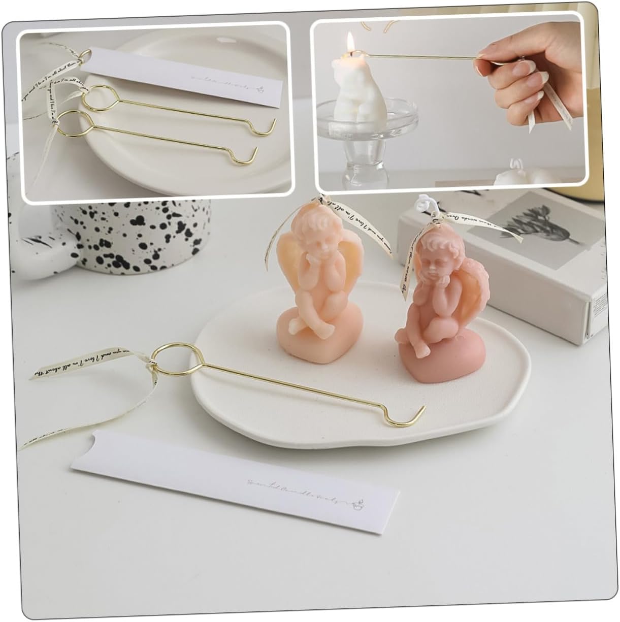 KALLORY 4 Pieces Candle Wick Dippers and Extinguish Hook Set Metal Portable Candle Snuffers and Aromatherapy Safe Flame Extinguisher Tools for Home Décor