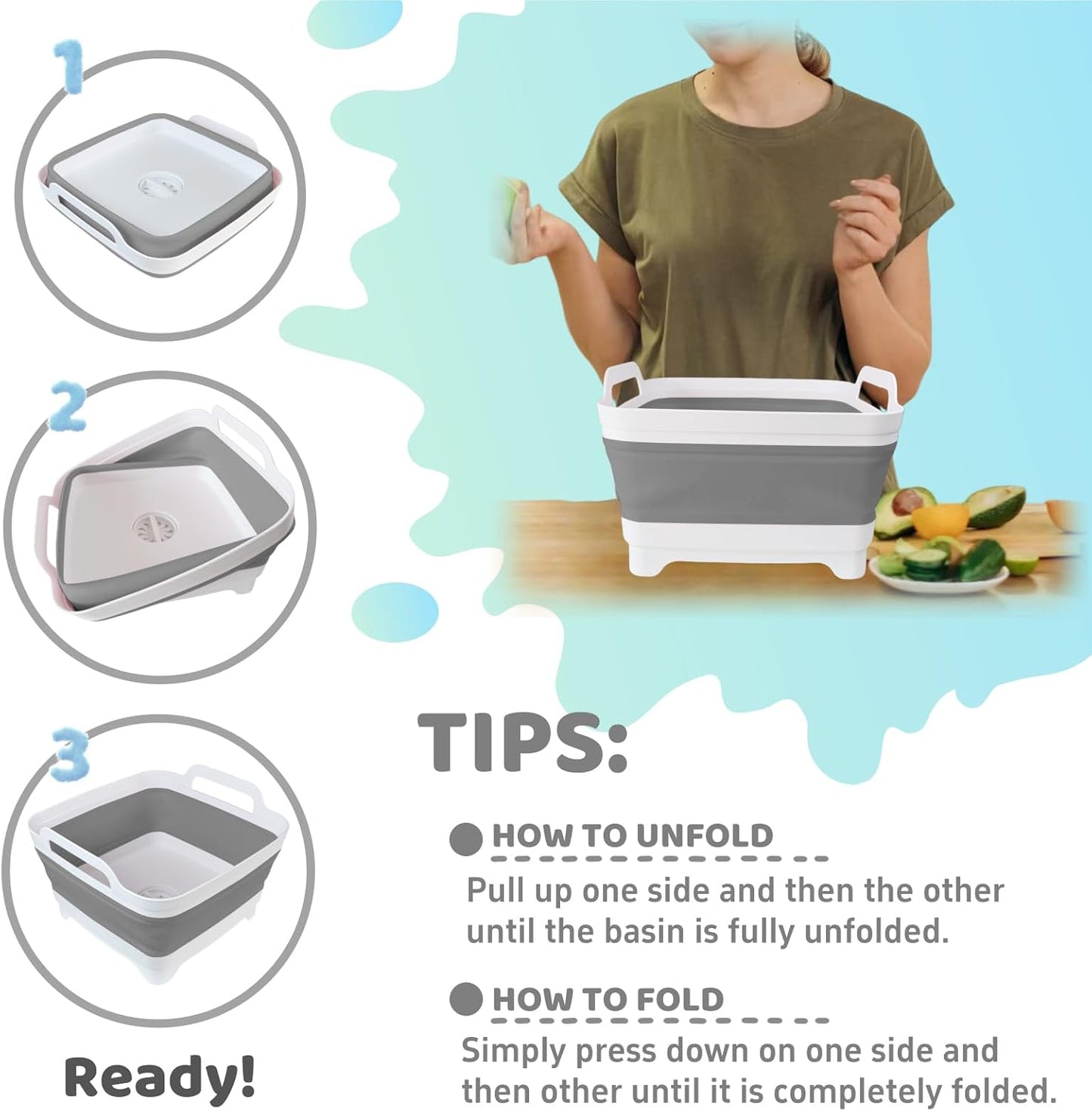 GIMWA Collapsible Wash Basin with Drain Plug - 2.4 Gallon Foldable Kitchen Sink for Baby Bottles, RV Camping, Space-Saving Dish Tub (Gray)
