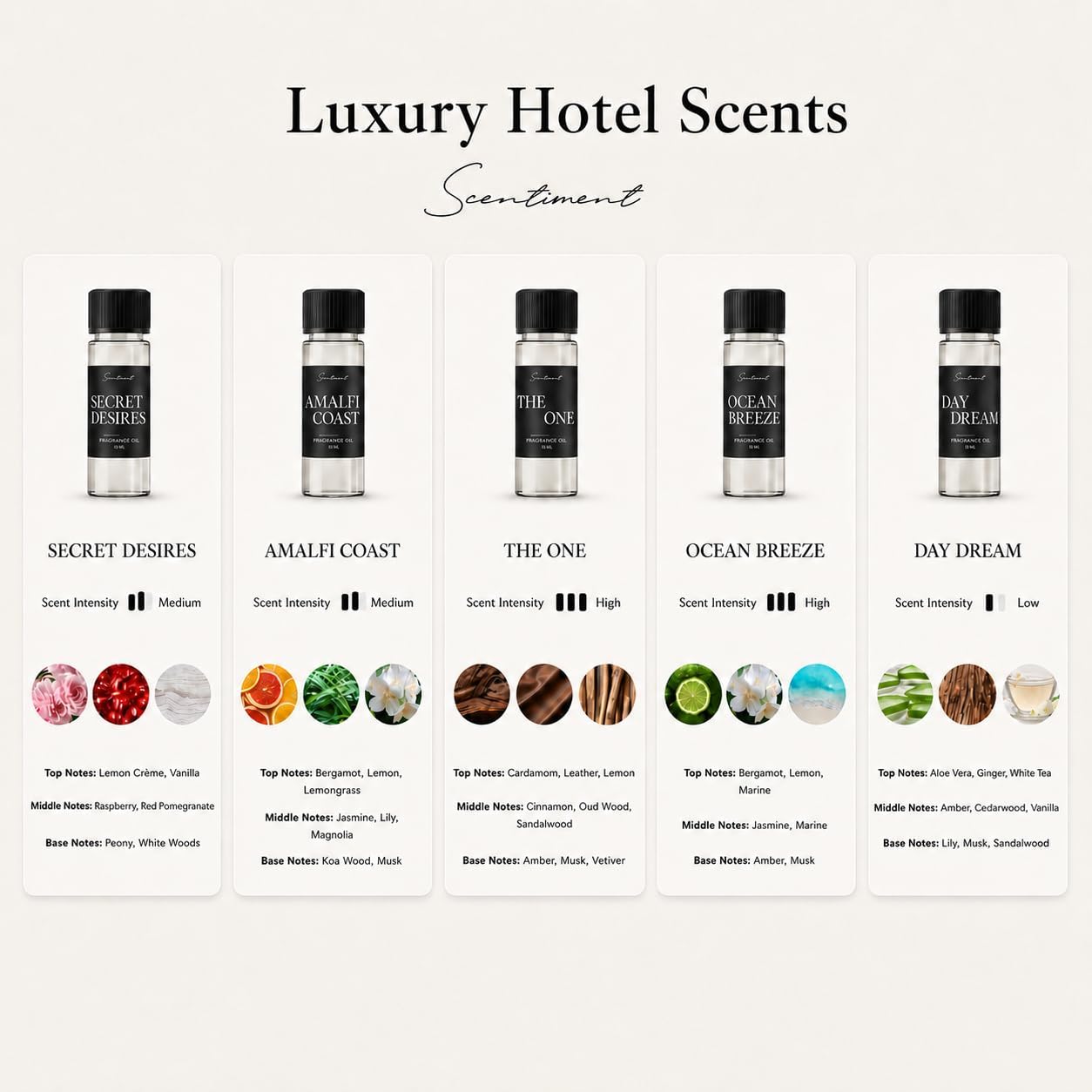 Scentiment Luxury Hotel Scents – 5 Diffuser Oil Set | Secret Desires, Day Dream, The One, Ocean Breeze & Amalfi Coast | Fresh Floral, Woody & Citrus Scents Home Fragrance Oils 5 x 0.68 fl oz (20 mL)