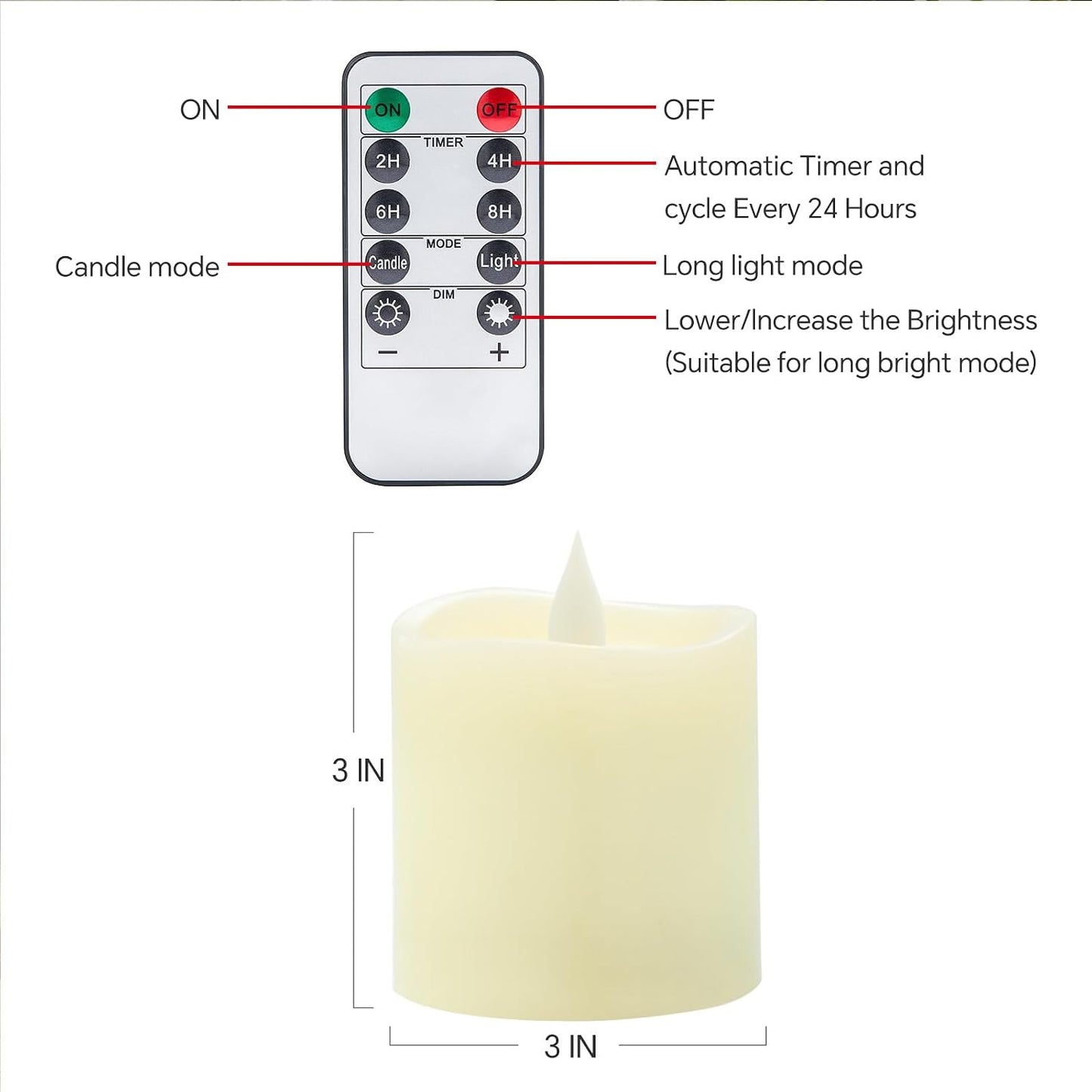 3x3 Flameless Candles with Remote Set of 1, 3 inch Battery Candles Flickering with Timer, LED Pillar Candle for Indoor/Outdoor, Lvory White