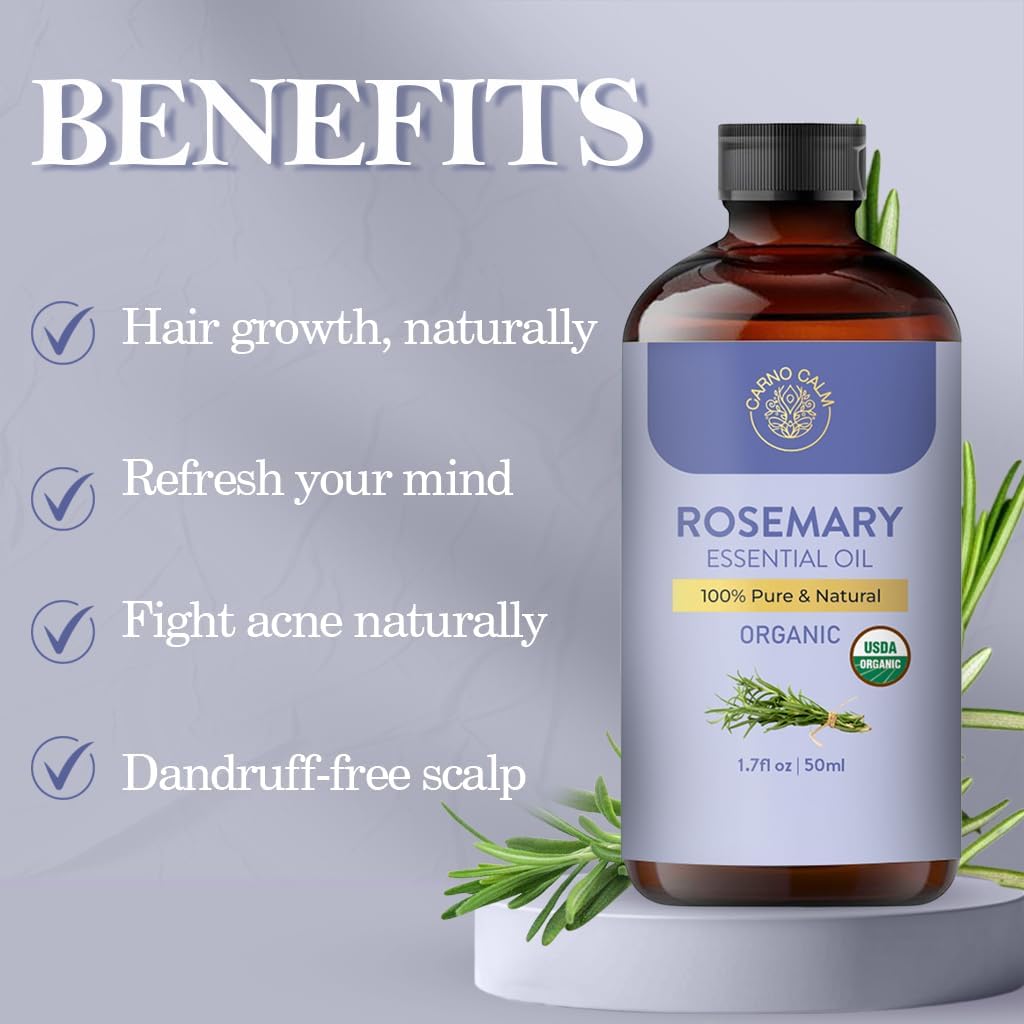 Rosemary Essential Oil | USDA Certified Organic Rosemary Oil for Hair Growth and Skin | Aromatherapy & Diffuser | 1.7 fl. Oz