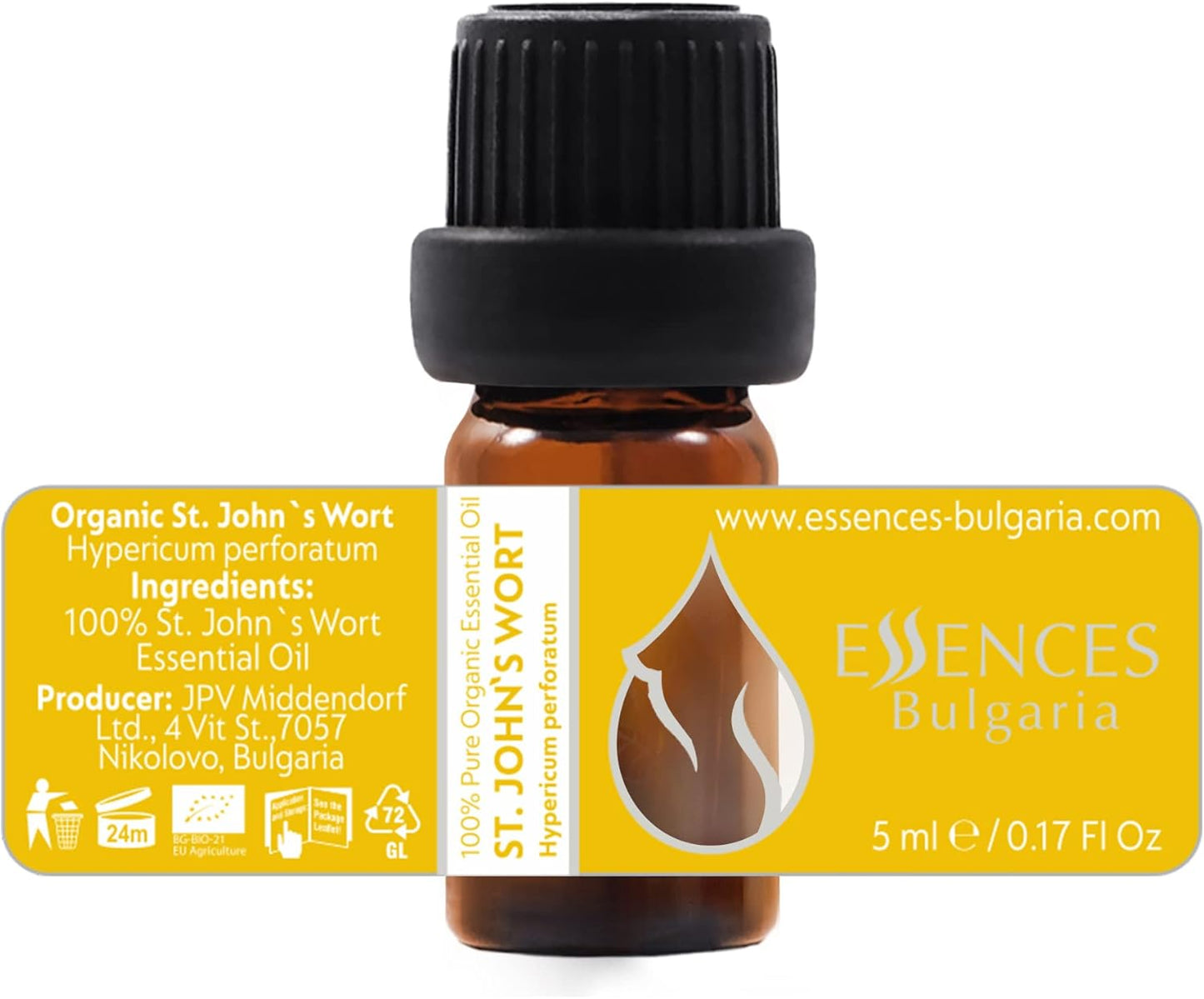 Essences Bulgaria Organic St. John's Wort Essential Oil 1/6 Fl Oz | 5ml | Hypericum perforatum | 100% Pure and Natural | Undiluted | Therapeutic Grade | Family Owned Farm | Steam-Distilled | Non-GMO