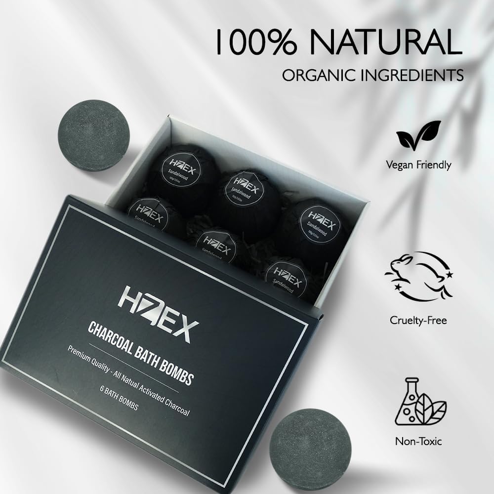 HZEX Charcoal Activated Bath Bombs for Men – Detox with Handmade Organic 6 Pack Bath Bomb Set, up to 3 Scents (Sandalwood, Bergamot, Ocean), Individually Wrapped (Sandalwood)