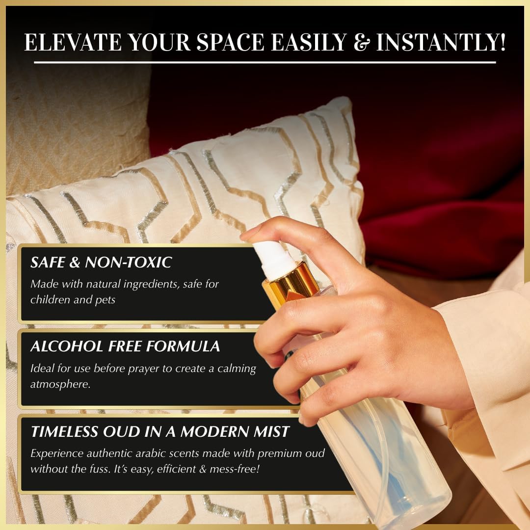 Oud al Ibtisam Arabic Room Spray by Dukhni | 250ml Oud fragrance Air Freshener, Attar al Faraash for home & prayer mats | Bed linen, Sofa Mist, natural home scent, curtain spray, odour eliminator