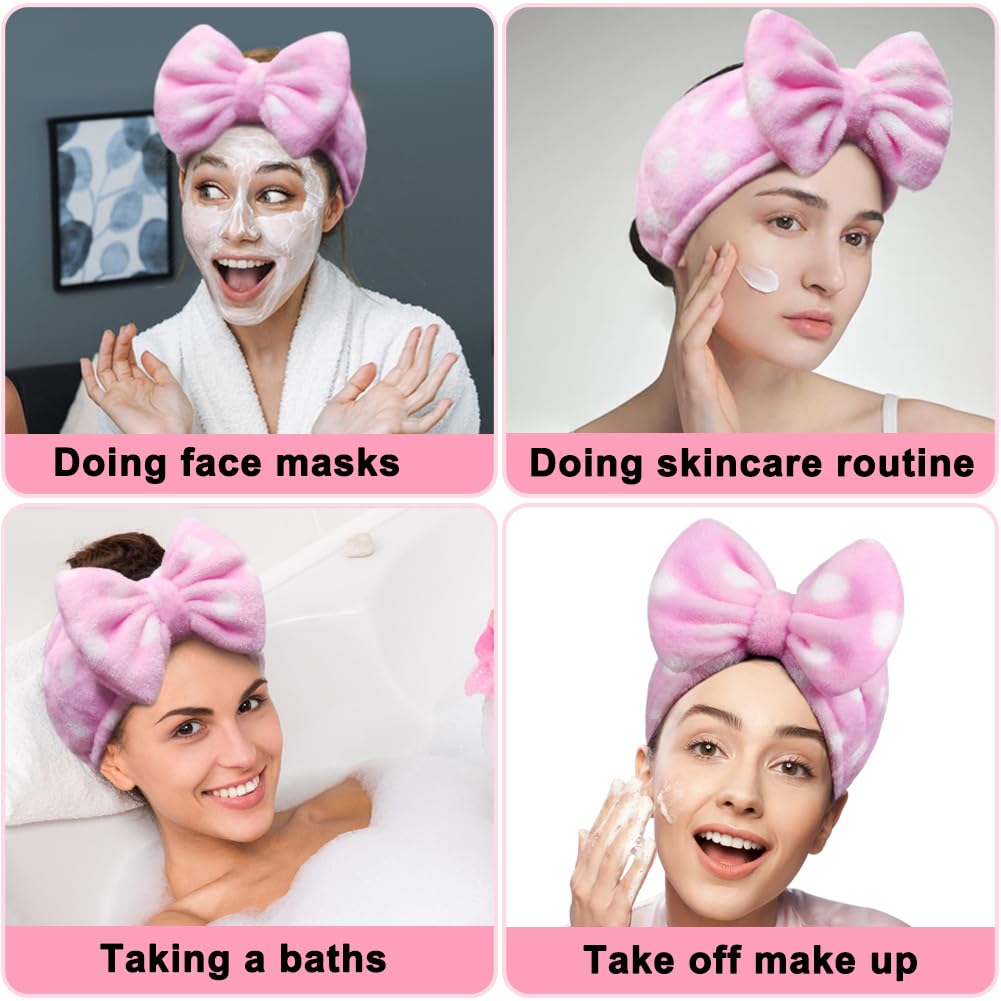 Shintop Women Fashion Lovely Soft Carol Fleece Bowknot Bow Makeup Cosmetic Shower Elastic Hair Band Hairlace Headband (Pink Polka dots)