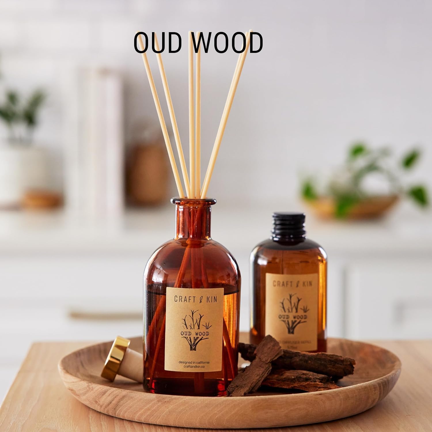 Craft & Kin Oud Wood Reed Diffuser – 5.75 oz Essential Oil Diffuser for Home & Bathroom – Up to 120-Day Fragrance with 8 Rattan Scent Sticks – Amber Glass Room Decor
