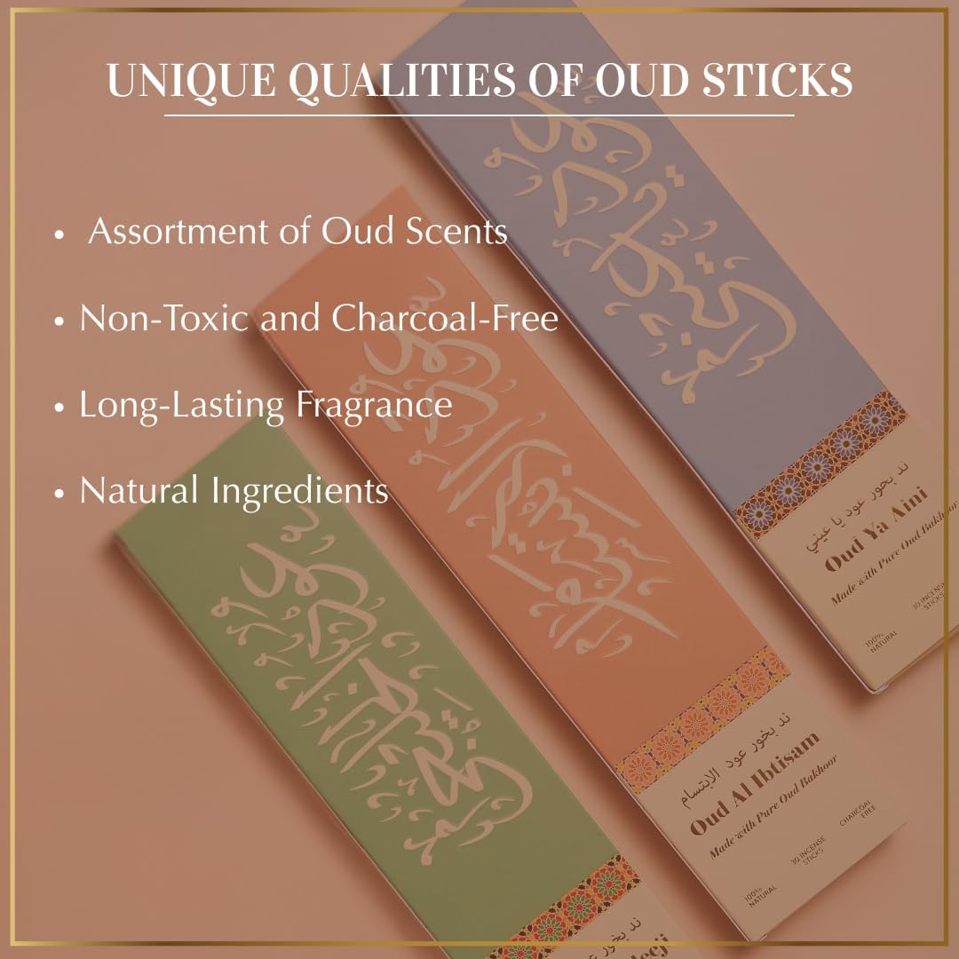 Arabian Oudh Incense Sticks by Dukhni – 90 Premium Agarwood Oud Sticks | 3 Assorted Oudh Fragrances | Organic & Charcoal Free Incense I Long-Lasting Fragrance for Home, Meditation & Relaxation