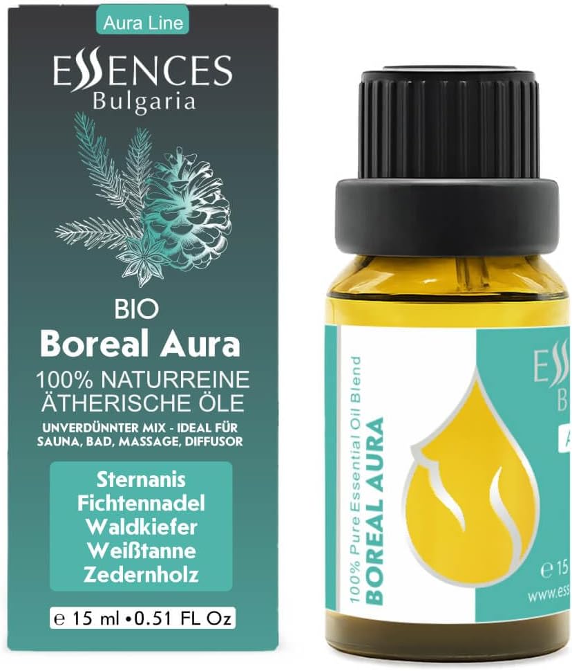 Essences Bulgaria Boreal Aura Organic Essential Oil Blend 0.5 Fl Oz | 15ml | Silver Fir, Scotch Pine, Norway Spruce, Star Anise, Cedarwood | Aromatherapy, Sauna & SPA | 100% Pure & Natural | Undiluted