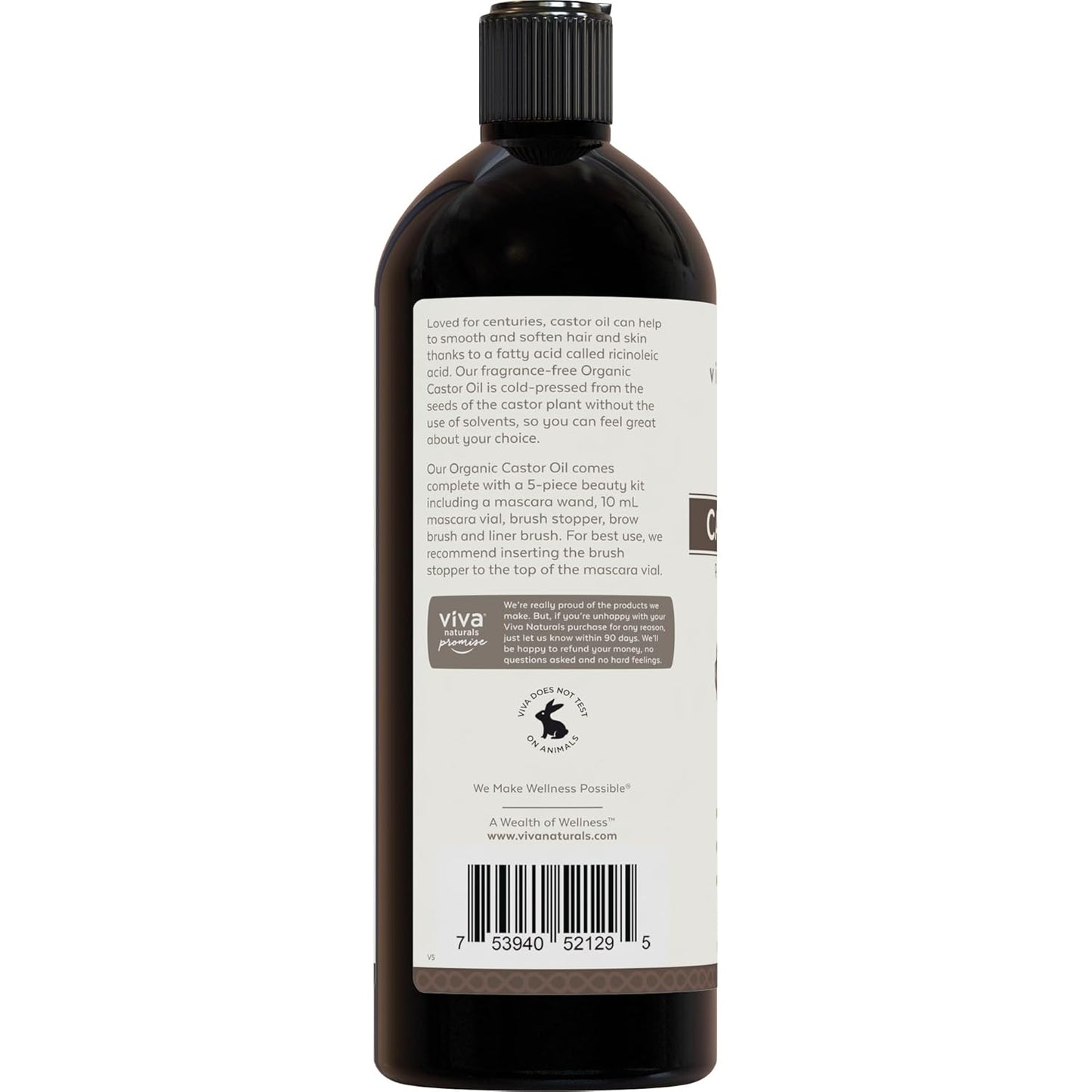 Viva Naturals Organic Castor Oil, Cold-Pressed, 16 fl oz – For Face, Hair, Eyelashes, USDA Organic, Non-GMO - With Beauty Kit