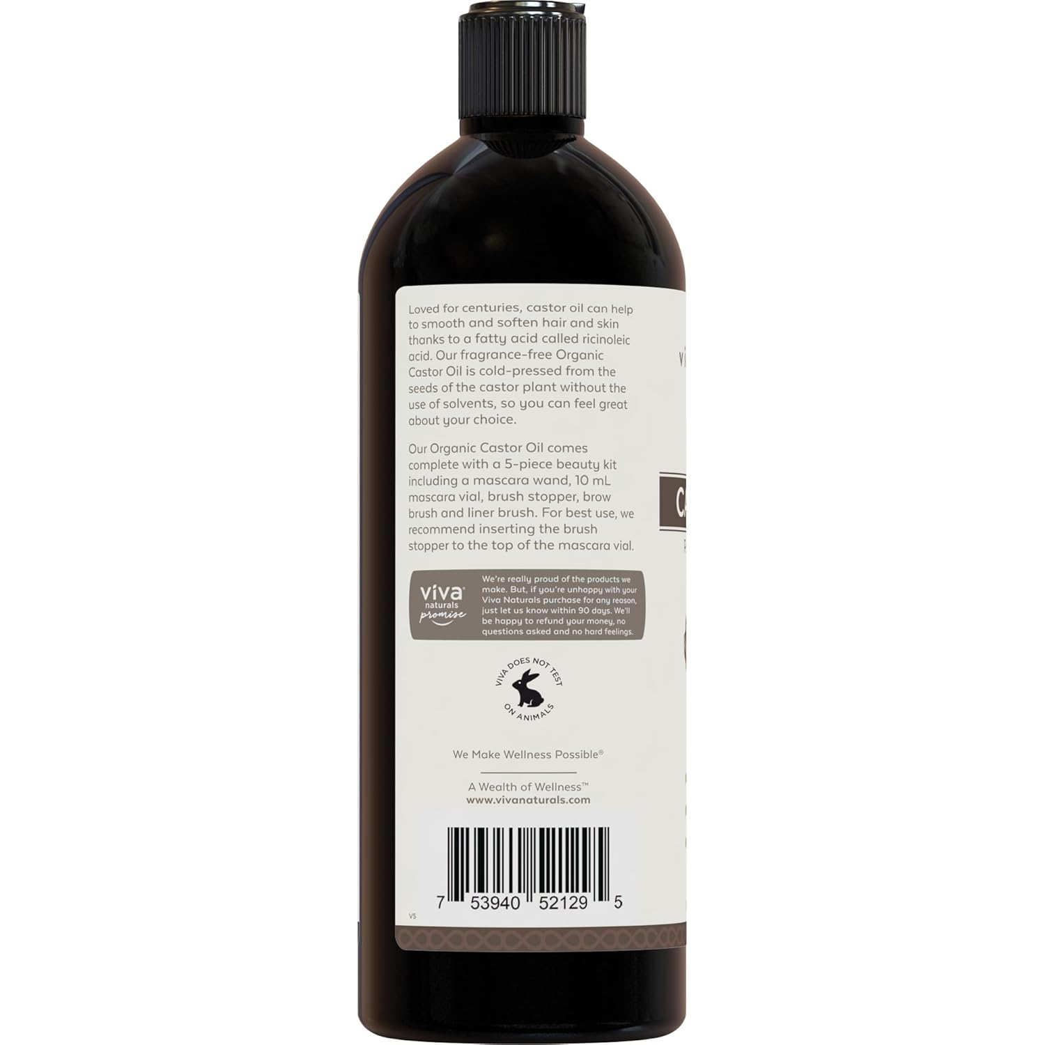 Viva Naturals Organic Castor Oil, Cold-Pressed, 16 fl oz – For Face, Hair, Eyelashes, USDA Organic, Non-GMO - With Beauty Kit