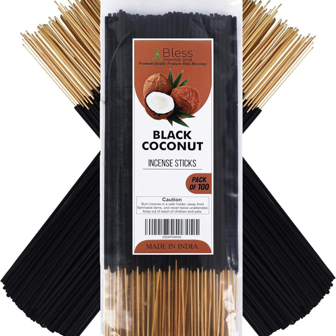 Bless-International-Black-Coconut 100%-Natural-Handmade-Incense-Sticks Organic-Chemicals-Free-for-Relaxation-Positivity-Yoga-Meditation 12-Inches-1-Hour-Plus-Burning-Time-100-Sticks-250-GM