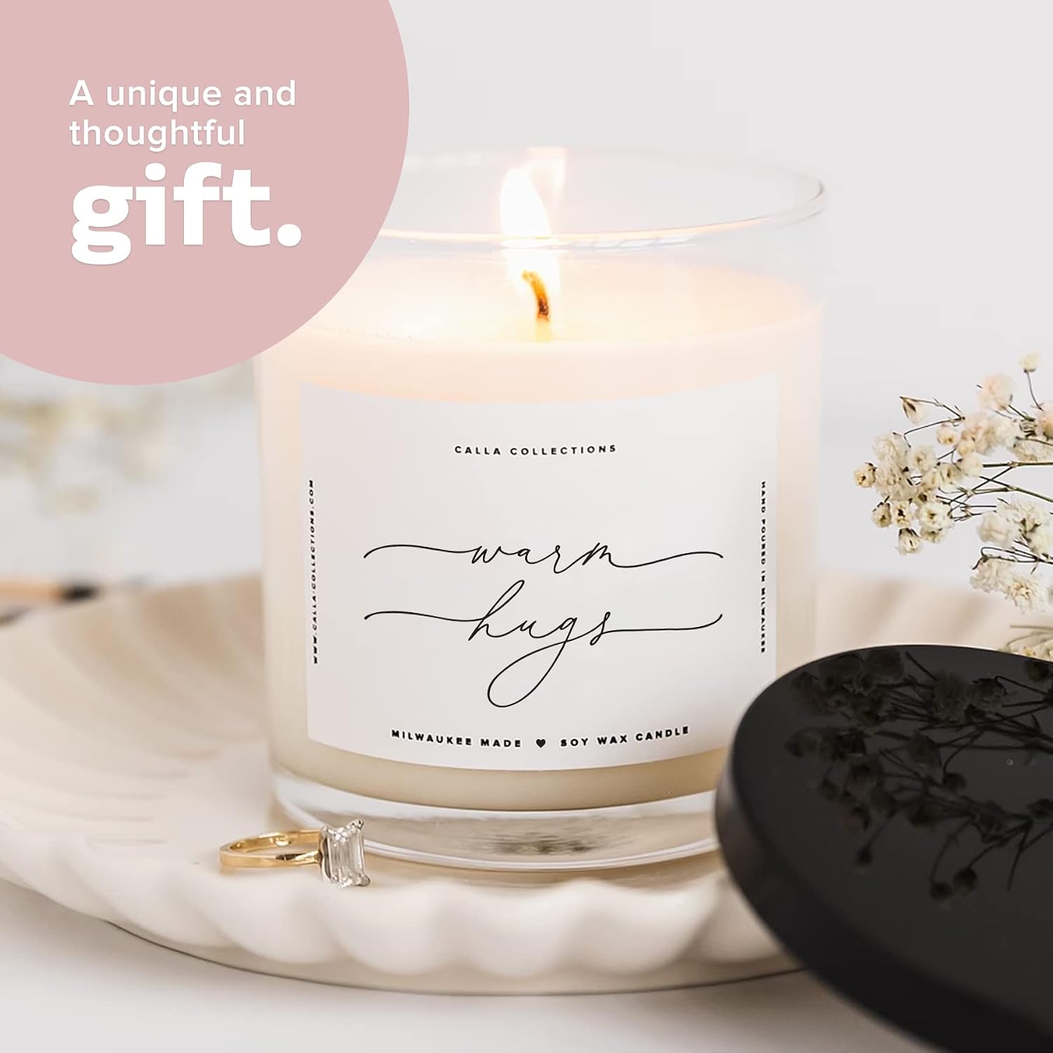 ThreeKin Warm Hugs Scented Candles for Home, Natural Soy Wax, Relaxing Aromatherapy Gifts, Essential Oils Scented, Long-Lasting Candle Burns for 75-Hours, Designed in USA, Lemongrass Lavender Scent