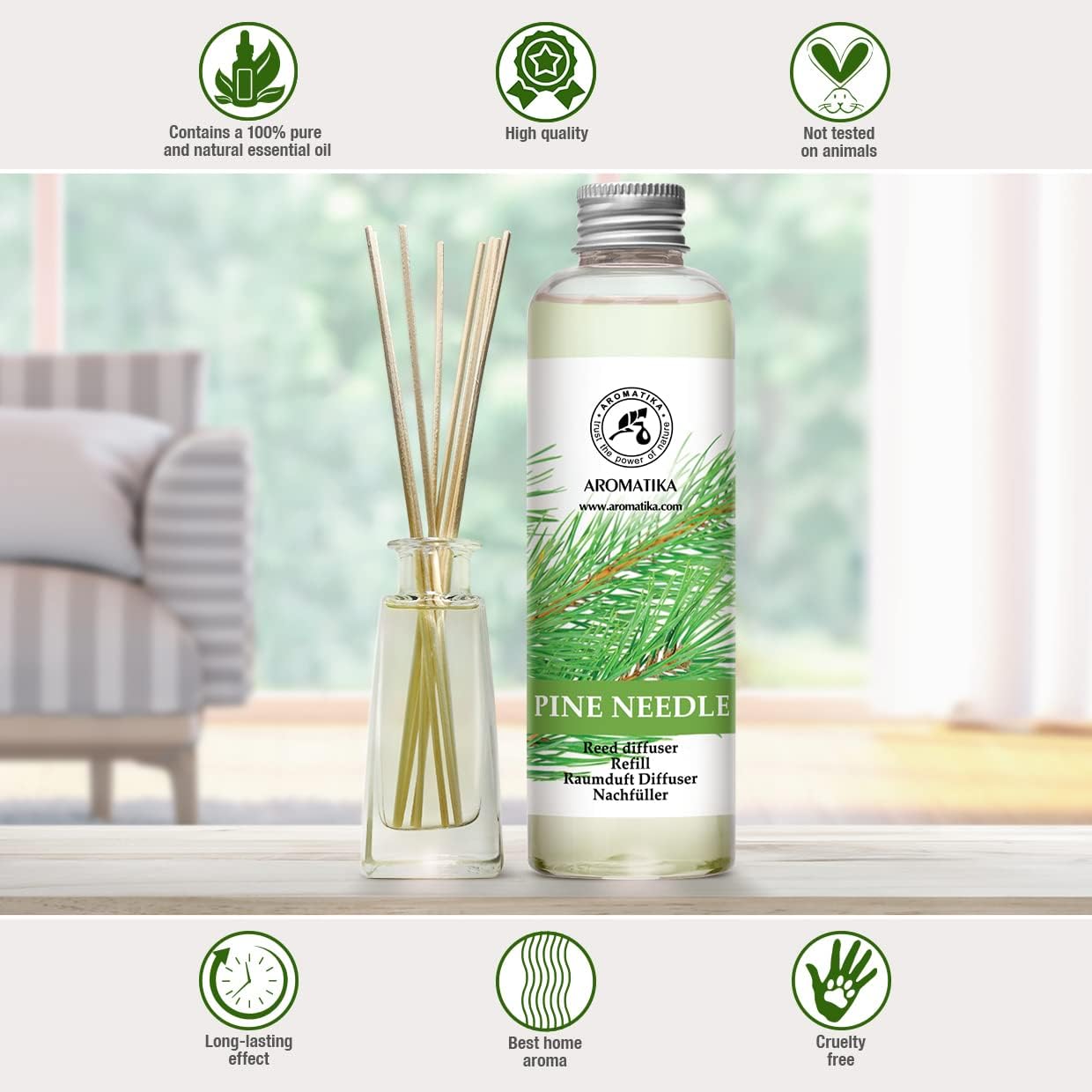 Pine Diffuser Refill 6.8 Fl Oz - Fresh & Long Lasting Fragrance - Scented Reed Diffuser - Diffuser Oil Refill - for Aromatherapy - Home - Office - Air Fresheners w/Natural Essential Pine Needle Oil