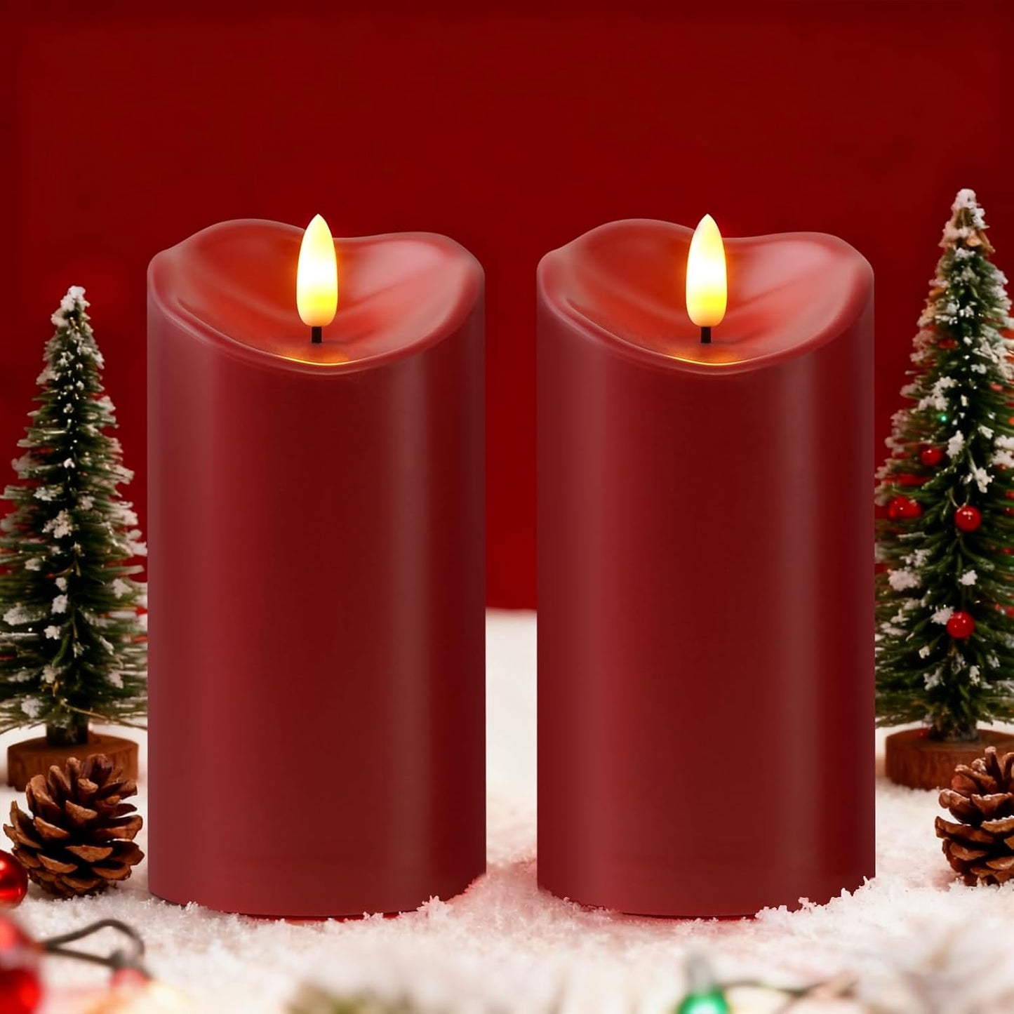 Raycare 6"x3" Outdoor Waterproof Flameless Candles with Remote and Timer, Battery Operated LED Electric Fake Pillar Candle for Valentine's Day, Home, Wedding Decor, Red, Set of 2