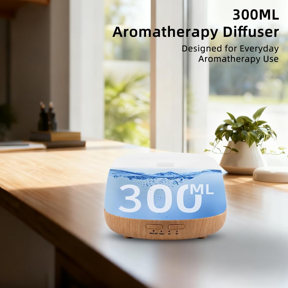 300ML Essential Oil Aromatherapy Diffuser with Remote Control - Quiet Ultrasonic Cool Mist, 7 Color LED Light, 4 Timer Modes, Auto Shut-Off for Bedroom, Office, Yoga & Spa