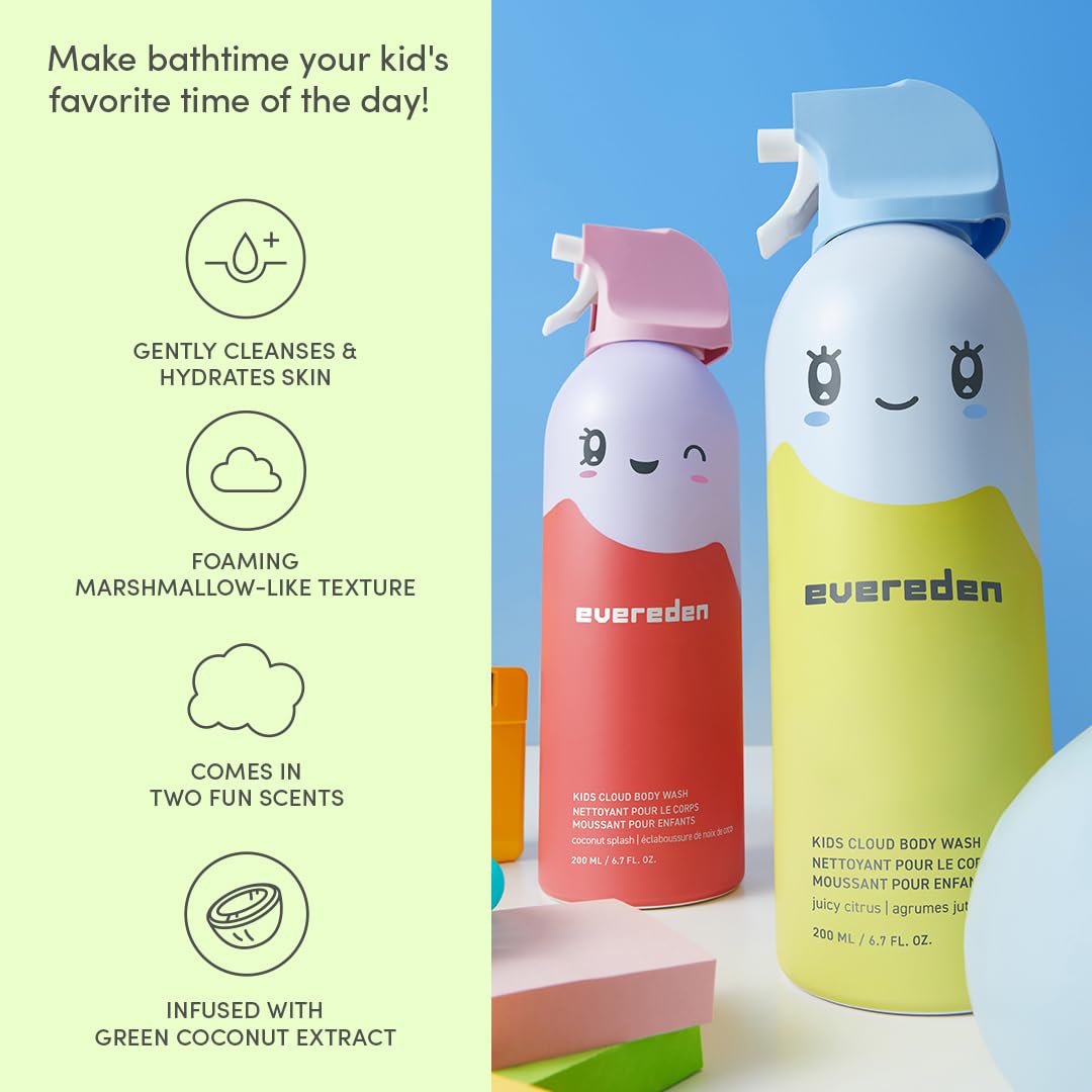 Evereden Kids Foam Body Wash | Dermatologist-Tested & Gentle | Fun Bathtime, Shape & Splash Fluffy Foam | Safe for Kids & Sensitive Skin | Clean, Vegan, Coconut Splash, 6.7 fl oz
