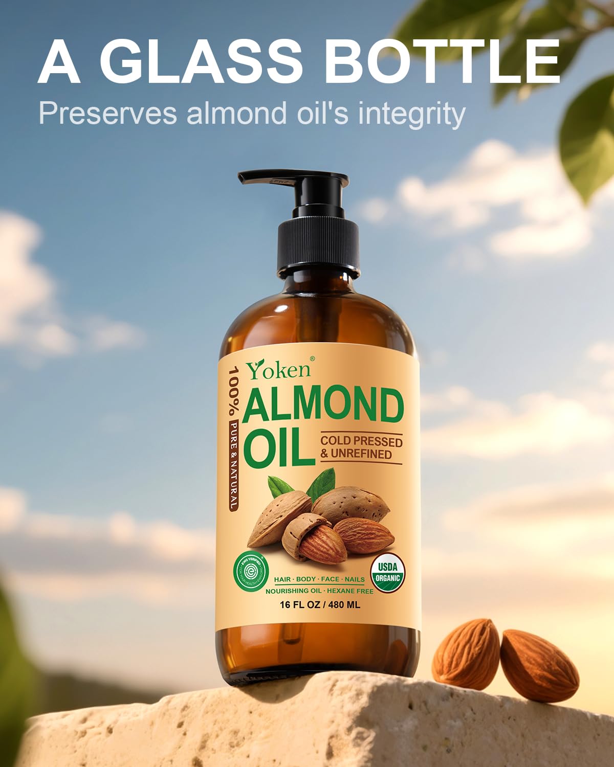 Yoken Organic Almond Oil 16 oz Glass Bottle, Cold Pressed for Skin &amp; Hair