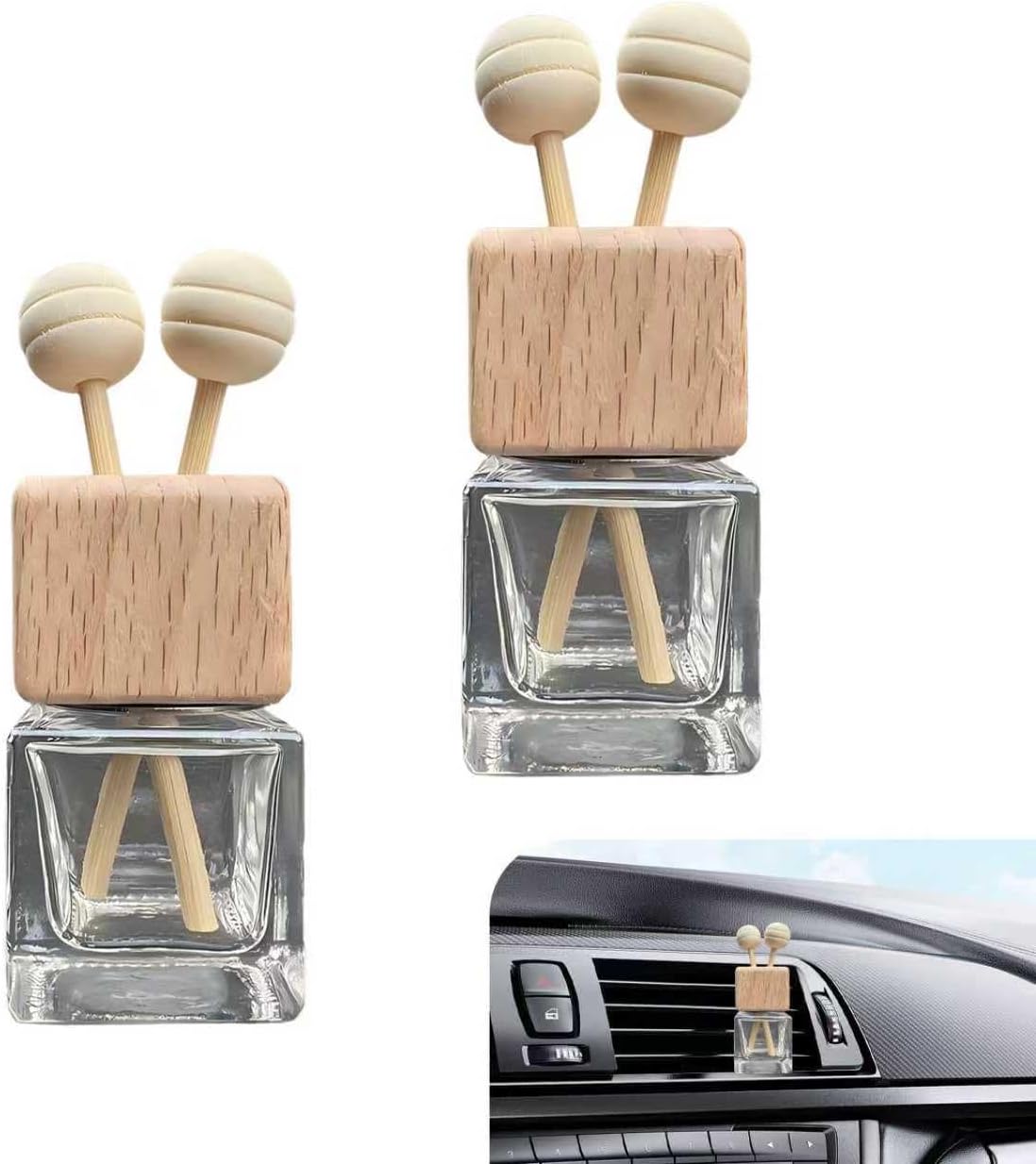 2 PCS Car Diffuser Air Freshener Bottles, Refillable Empty Glass Essential Oil Diffuser Vent Clip & Wooden Caps Sticks, Universal Aromatherapy Diffusers for Most Vehicles (Square)