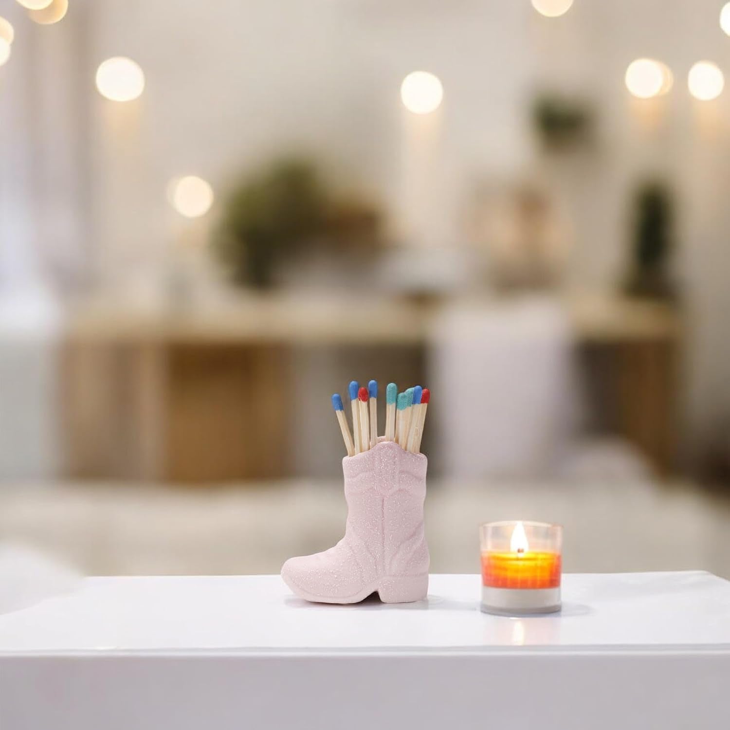 Cowboy Boot Match Holder With Striker for decorative matchsticks Ceramic Cowgirl Boot Decor Aesthetic Small Cute Matchstick Box Western Decorative Mini Matchesboxes For Bathroom Fireplace (Pink)