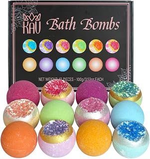 KAV Bath Bombs for Women — Natural Geode Bathbombs for Girls, Tweens | Set of 12 Organic Bath Bomb Giftset with Various Scents and Colors, Moisturizing Spa Fizzies — Essential Oil Infused Gift-Ready