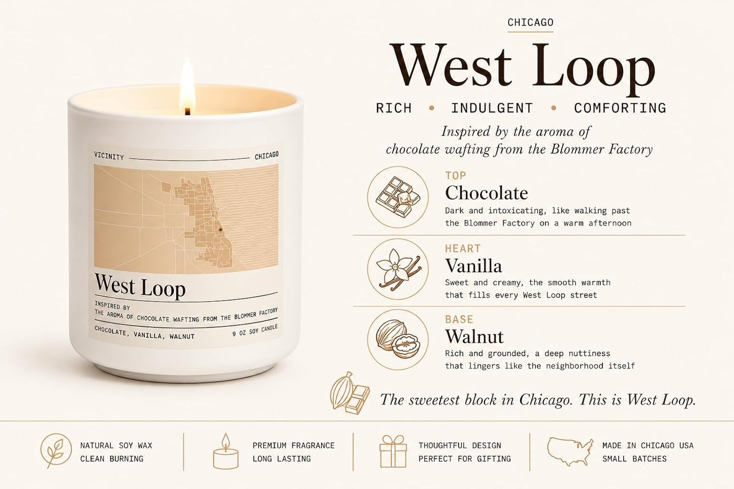 Vicinity West Loop, Hand-Poured Soy Candle | Chocolate, Vanilla & Walnut | 9 oz, 45-50 Hour Burn | Gift Ready | Woman-Owned