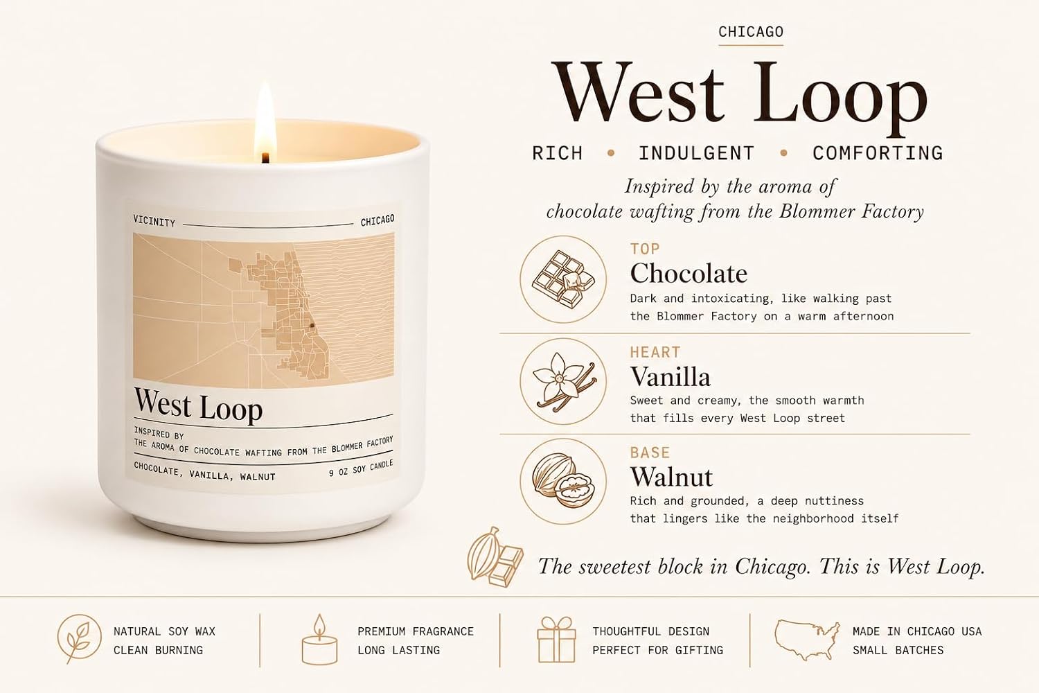 Vicinity West Loop, Hand-Poured Soy Candle | Chocolate, Vanilla & Walnut | 9 oz, 45-50 Hour Burn | Gift Ready | Woman-Owned