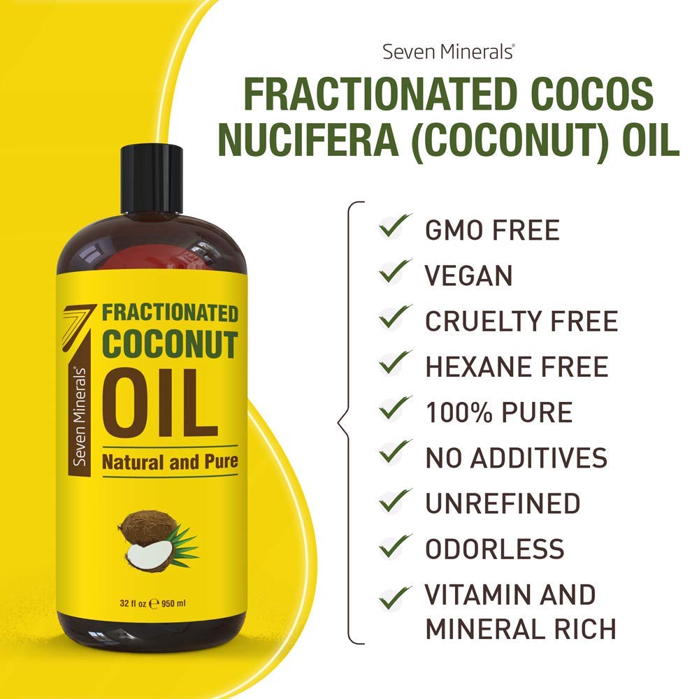 Seven Minerals, Pure Fractionated Coconut Oil - Big 32 fl oz Bottle - Non-GMO, 100% Natural, Lightweight Massage Oil for Massage Therapy on Skin, Hair, More - Perfect Carrier Oil for Essential Oils