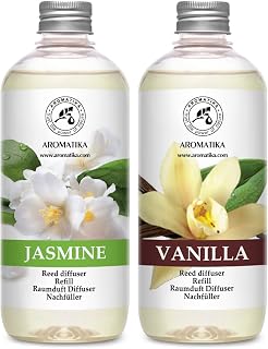 Reed Diffuser Refill Set Vanille & Jasmine with Jasmine Essential Oil 34 Fl Oz - 2 x 500ml - Fragrance Oil Reed Diffuser Refill - Room Freshener - Floral Fragrance