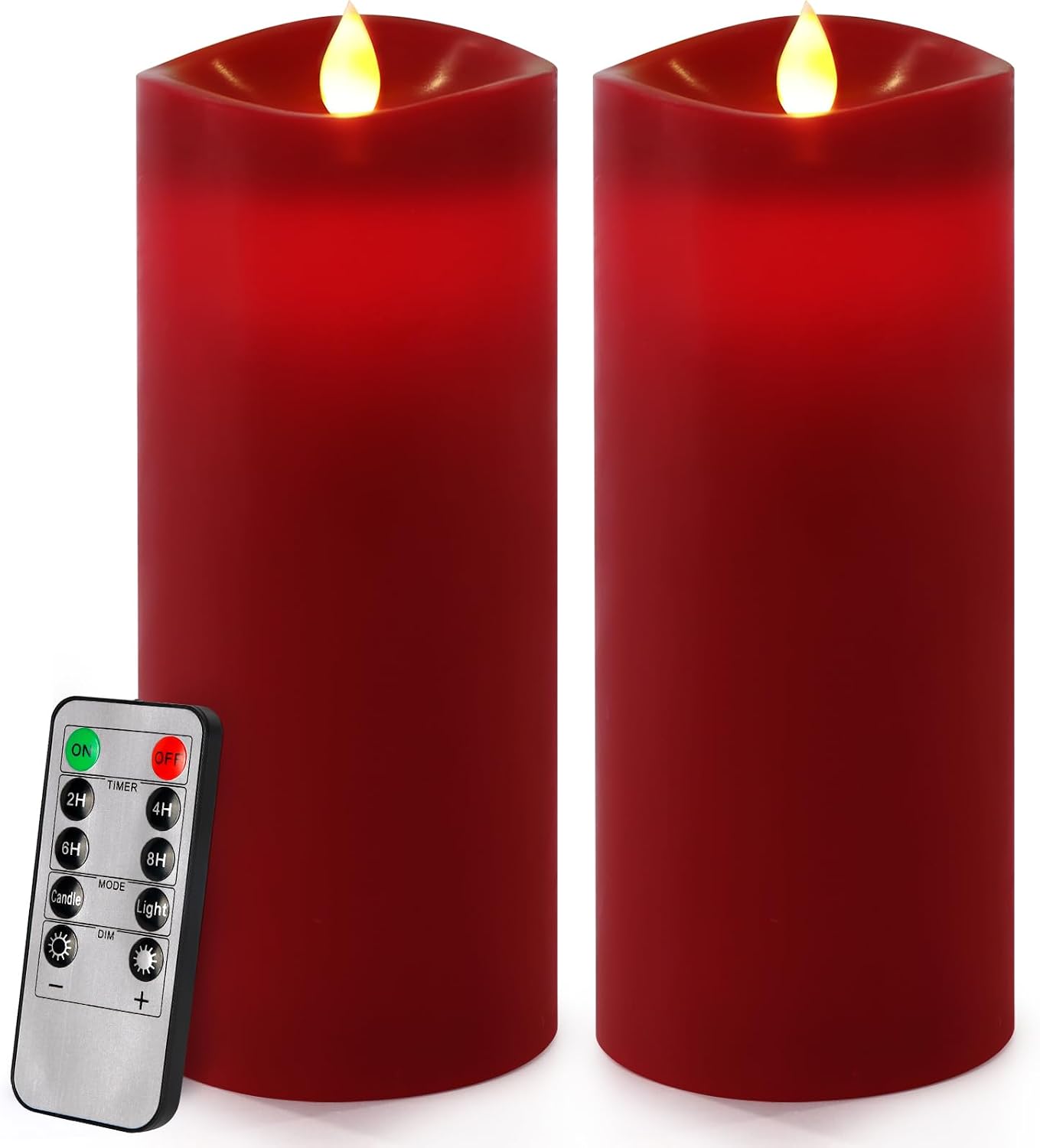 Enpornk 7” x 3” Flameless Candles, Flickering Moving Flame LED Candles, Battery Operated Candles with Remote and Timers, Burgundy, Set of 2