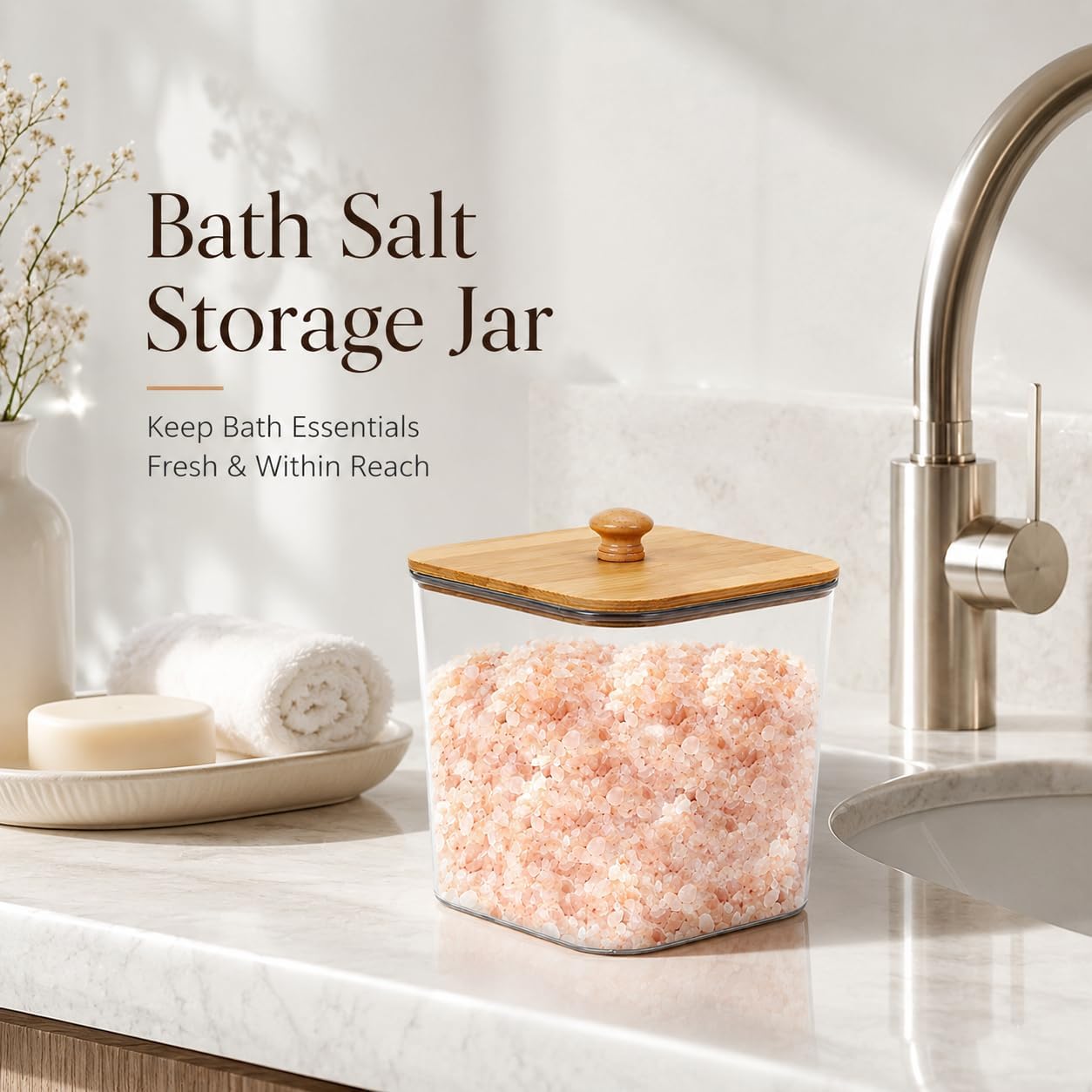 Bath Salt Container,2 Pack Clear Plastic Storage Bathroom Canisters with Wooden Lids & Handle,Airtight Bath Salt Dispenser Jars for Bathroom Organization Accessories,Bathtub Decor Box