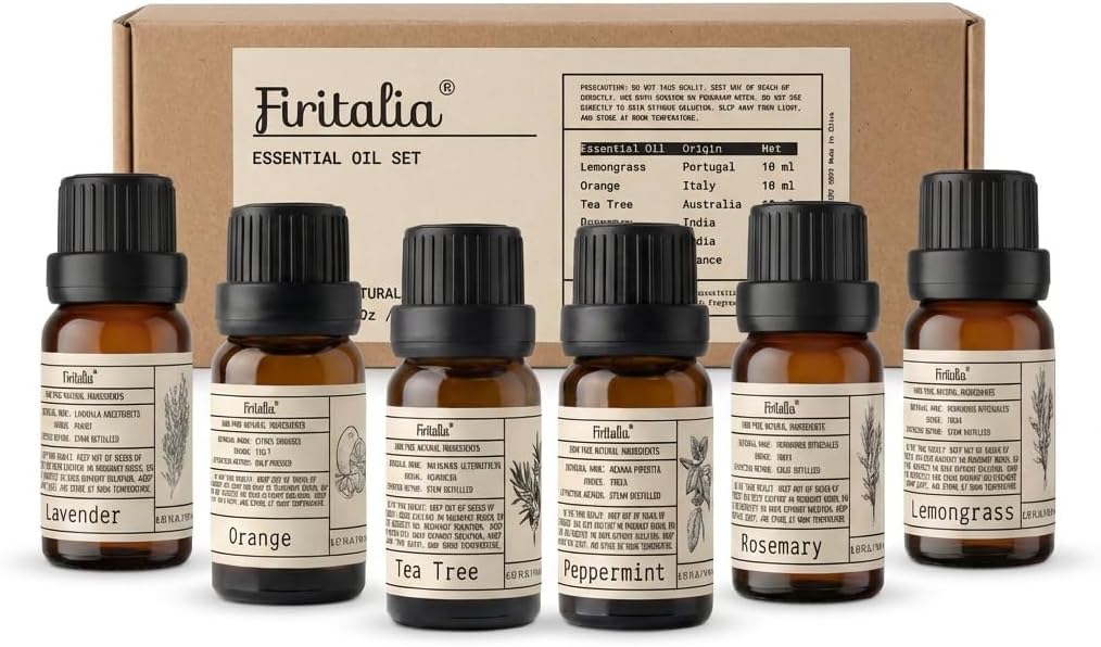 Natural Essential Oils Set - Pure Scents for Wellness: Lavender, Peppermint, Rosemary, Lemongrass, Orange, Tea Tree - 10ml Each