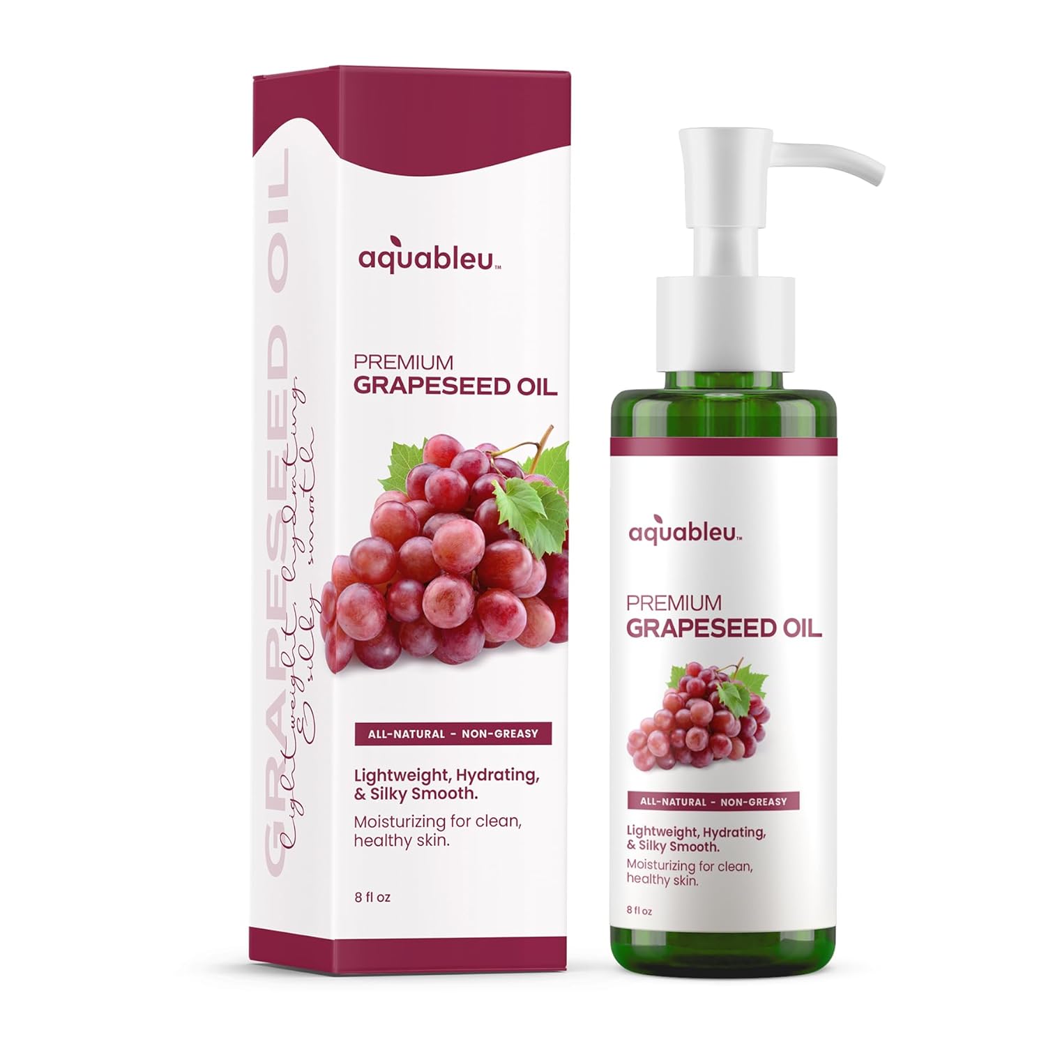 Aquableu Premium Grapeseed Oil - 100% Pure and All-Natural - Hydrating and Silky Smooth - Moisturing, for Clean and Healthy Skin, and Strong Hair - Cold Pressed - 8 oz