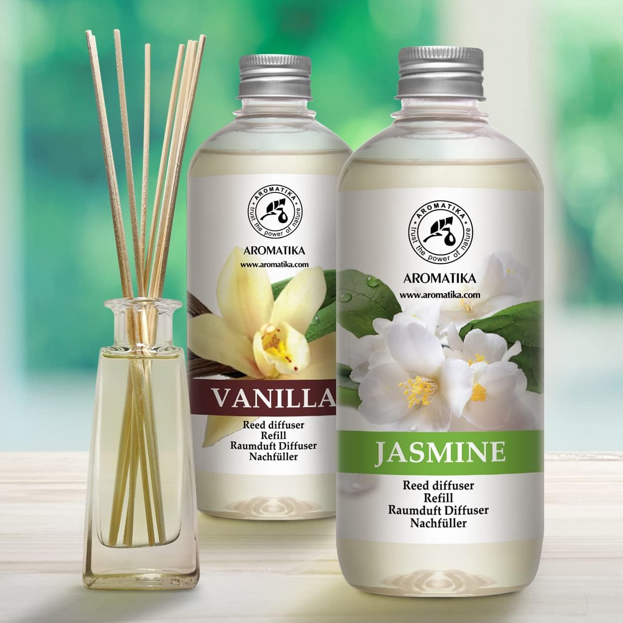 Reed Diffuser Refill Set Vanille & Jasmine with Jasmine Essential Oil 34 Fl Oz - 2 x 500ml - Fragrance Oil Reed Diffuser Refill - Room Freshener - Floral Fragrance