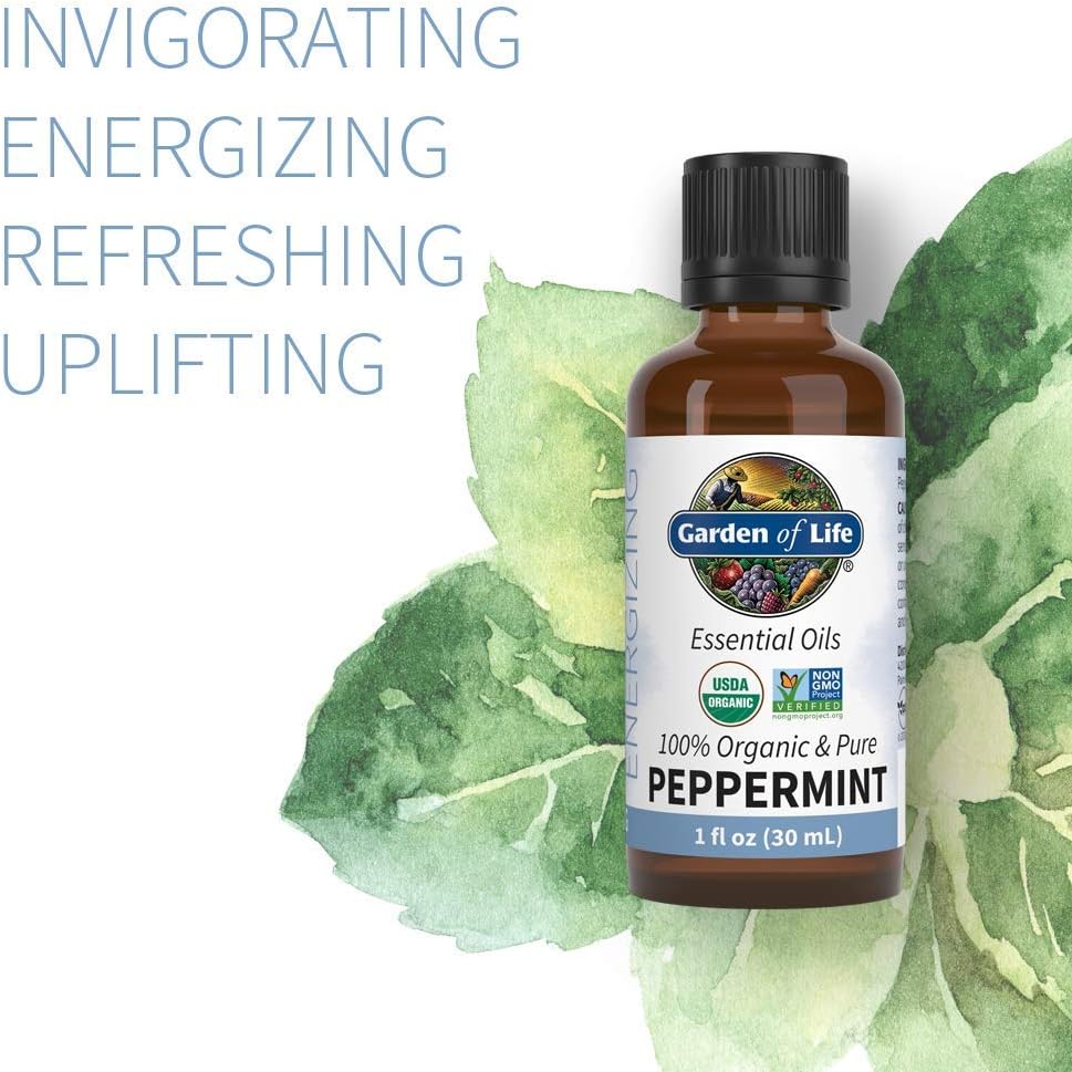 Garden of Life Essential Oil, Peppermint 1 fl oz (30 mL), 100% USDA Organic & Pure, Undiluted & Non-GMO - for Diffuser, Aromatherapy, Meditation - Energizing, Invigorating, Refreshing, Uplifting