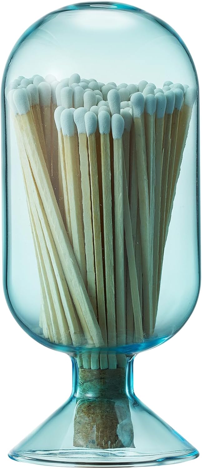 GUTE Includes 100 Match Sticks Glass Match Cloche with Striker - Blue with Cork Stopper - Fireplace, Home, Living Room, Office, Decor Decorative Candle Matches Gifts for Women Her - 6.7" H X 3"
