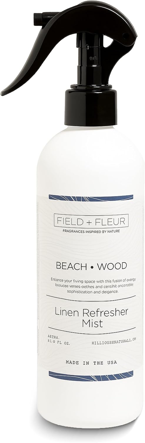 Field + Fleur - Linen Refresher Mist - Aromatic Spray for Fabrics - Refresh Bedding, Curtains & More - Notes of Orange Blossom, Moss, Amber & Sandalwood - Made in the USA -Beach Wood Scent -15.5 Fl Oz