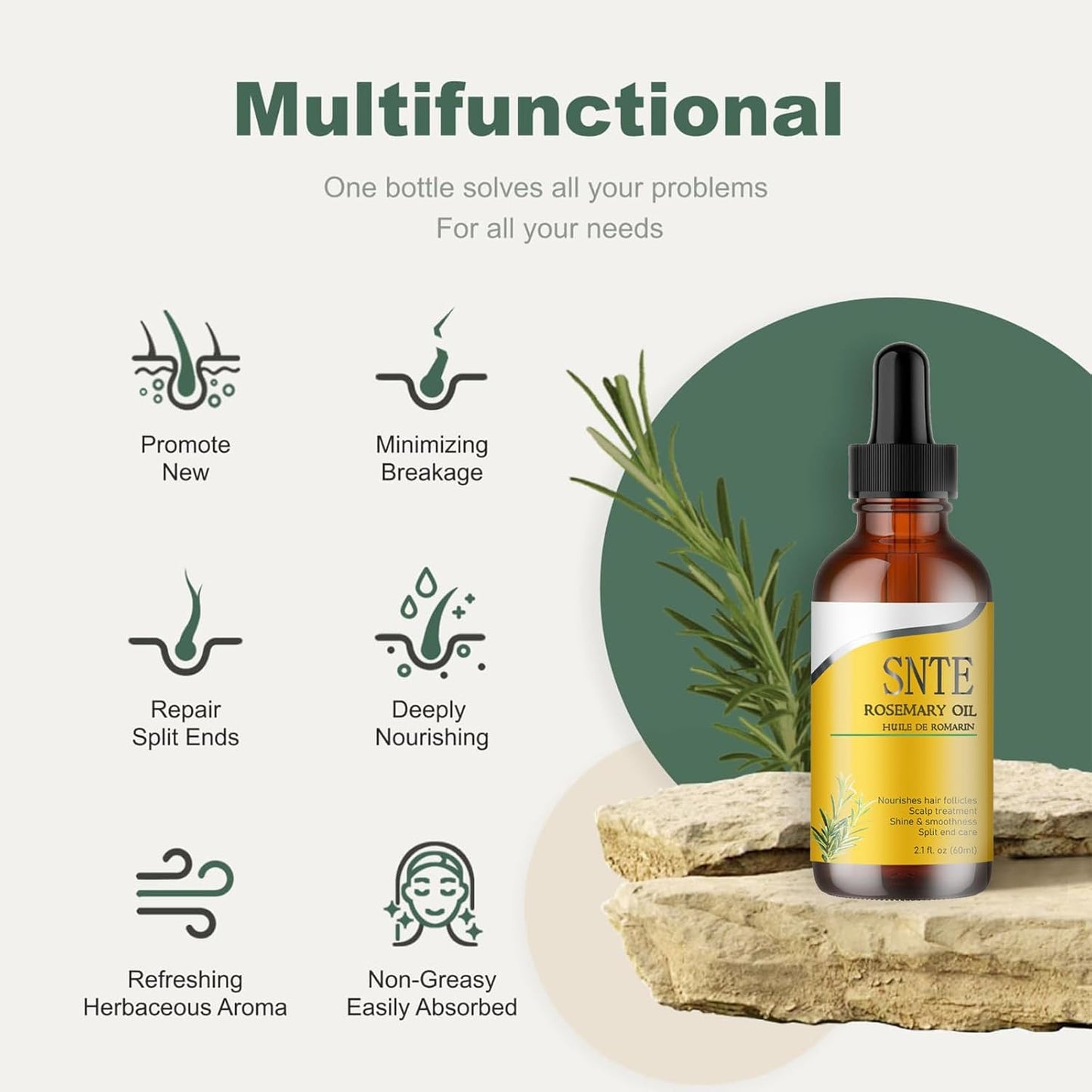 Rosemary Hair Growth Oil for Repairing Hair, Relieving Dryness and Split Ends - 2.1 fl oz