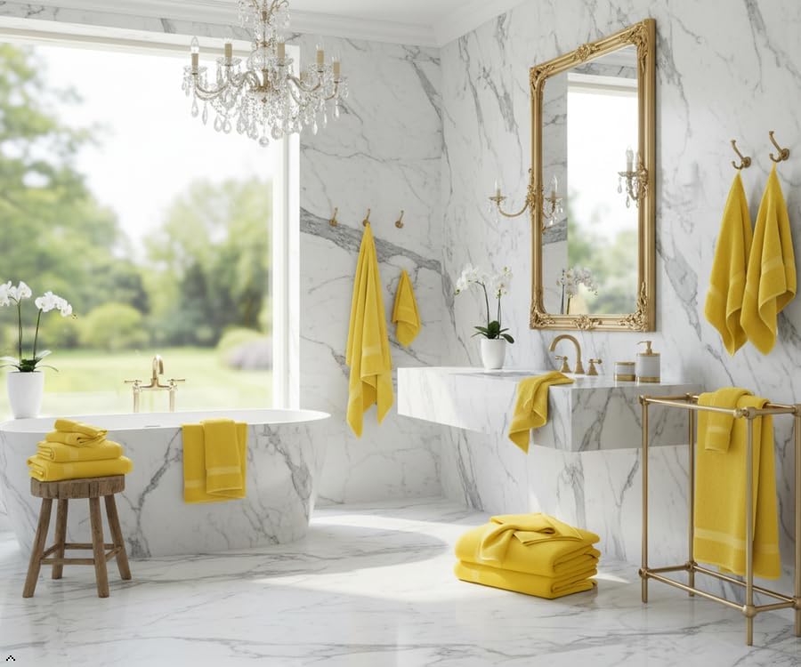 Bath Towels Set-100% Cotton-2 Towels, 2 Hand & Washcloths-Large, Quick Dry, Absorbent, Soft Plush-Home, Gym, Spa, Hotel, Pool, Shower -6 Piece Luxury Bathroom - Yellow