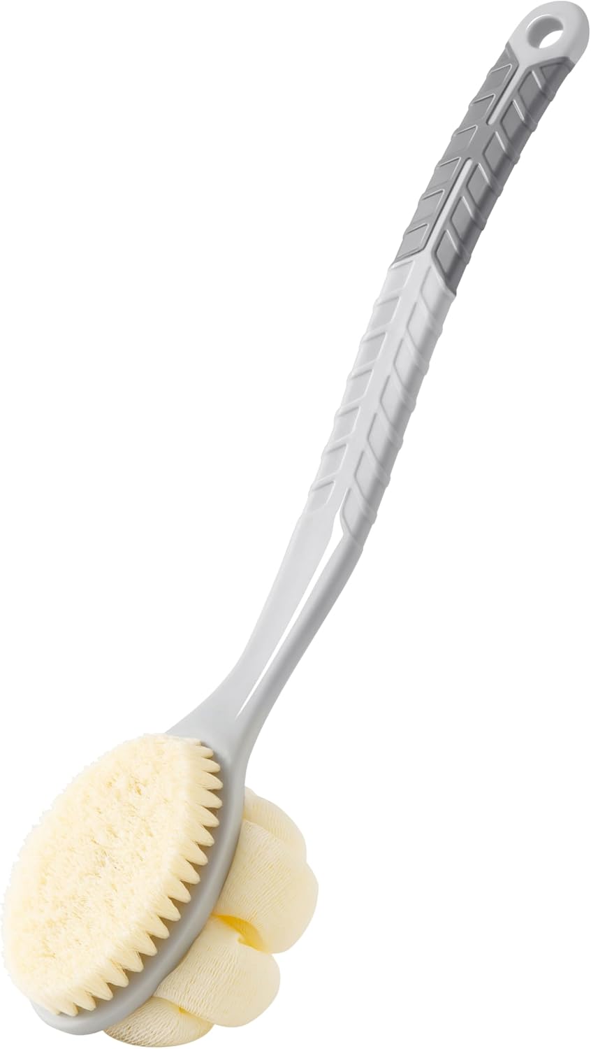 Shower Body Brush with Bristles and Large Pumpkin Loofah,Back Scrubber Bath Mesh Sponge with Anti-Slip Curved Long Handle for Skin Exfoliating,Massage Bristles for Wet or Dry,Men Women (Grey)