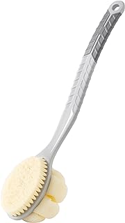Shower Body Brush with Bristles and Large Pumpkin Loofah,Back Scrubber Bath Mesh Sponge with Anti-Slip Curved Long Handle for Skin Exfoliating,Massage Bristles for Wet or Dry,Men Women (Grey)