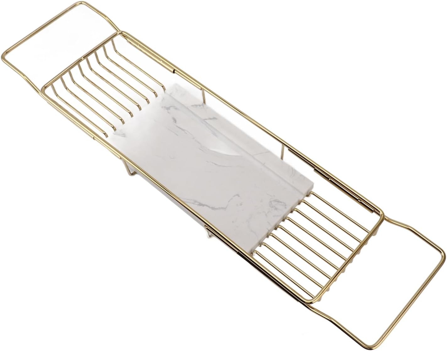 Marhynchus Metal Marble Bathtub Rack, Bathtub Caddy Tray Stainless Steel Shower Caddy Tray with Extending Sides, Bathroom Trays (Gold White)