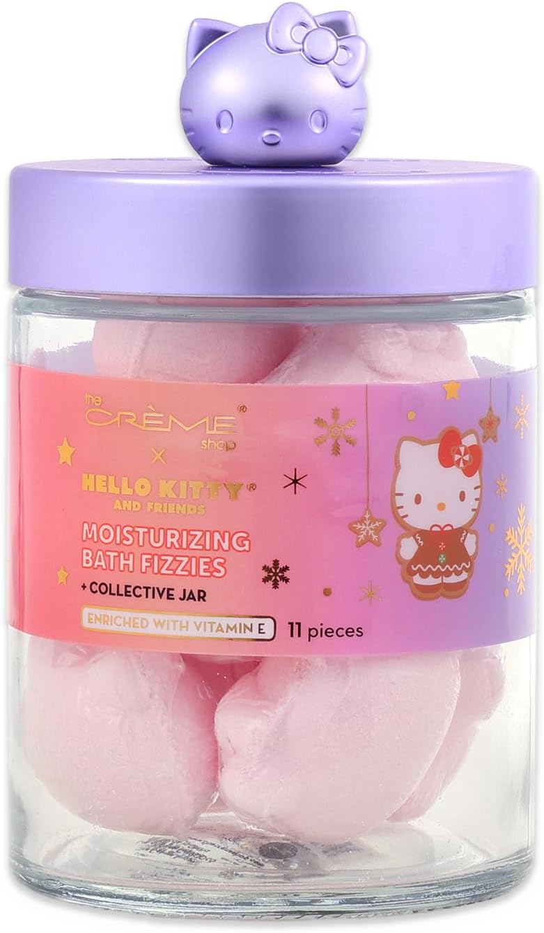 The Crème Shop x Hello Kitty Bath Fizzies for Kids - Bundle with 11 Scented Mini Bath Bombs in Collectible Jar Plus Stickers, More | The Crème Shop x Hello Kitty Bathroom Set for Kids, Teens, Adults