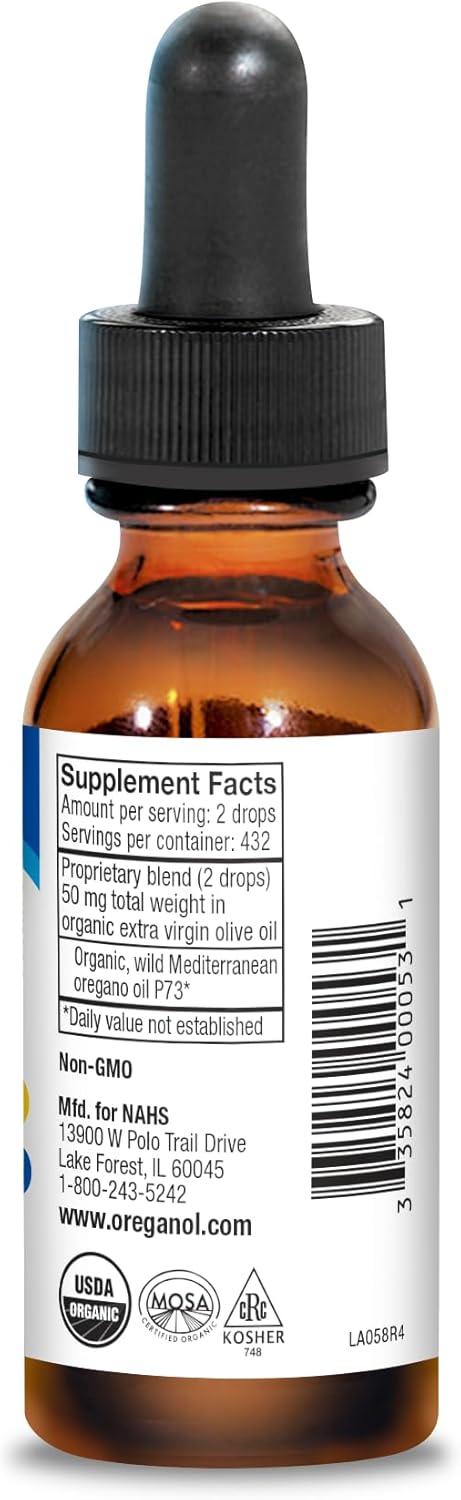 NORTH AMERICAN HERB & SPICE Oreganol - 1 fl. oz. - Unprocessed, Wild, Organic Oregano Oil - Mediterranean Source P73 - Non-GMO - 432 Servings
