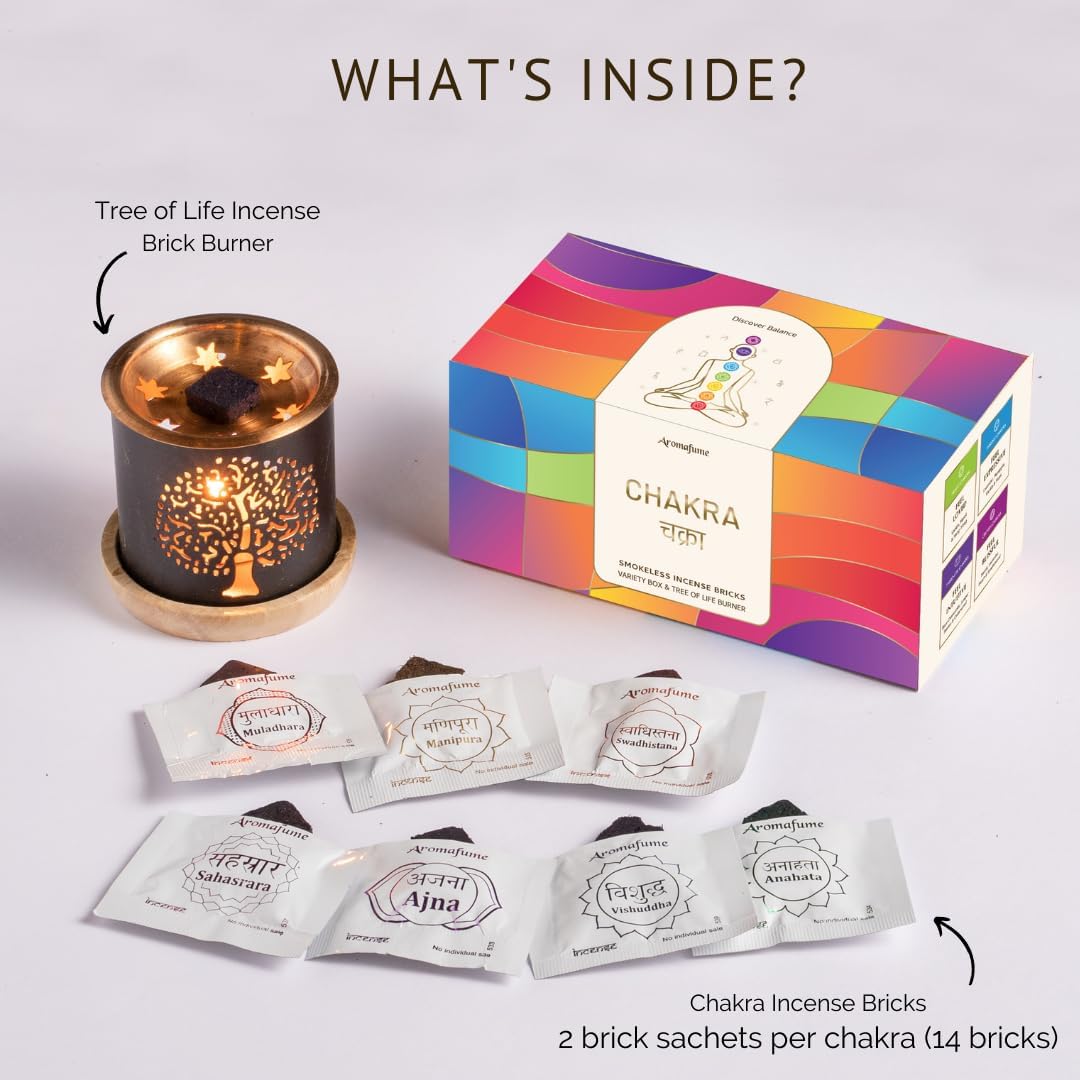 7 Chakra Incense Brick Gift Set by Aromafume | 14 Bricks & Tree of Life Exotic Burner | Smokeless Incense Set for Chakra Balance | Yoga & Meditation Gifts | Kit for Plexus, Root & More