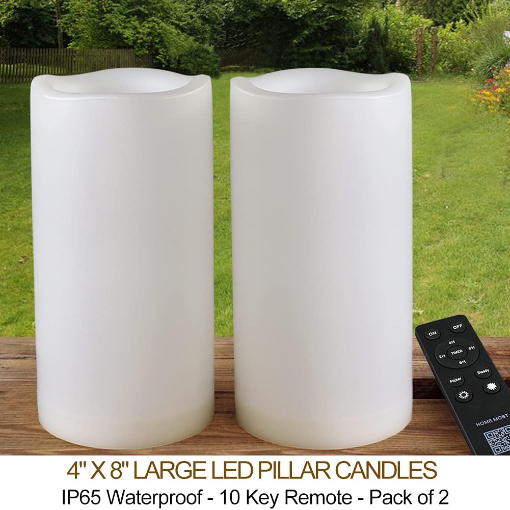 Pack of 2 Large Outdoor LED Pillar Candles 4x8 White with Timer and Remote – IP65 Waterproof Battery Operated LED Pillar Candles - Flickering Flameless Pillar Candles Unscented for Outside