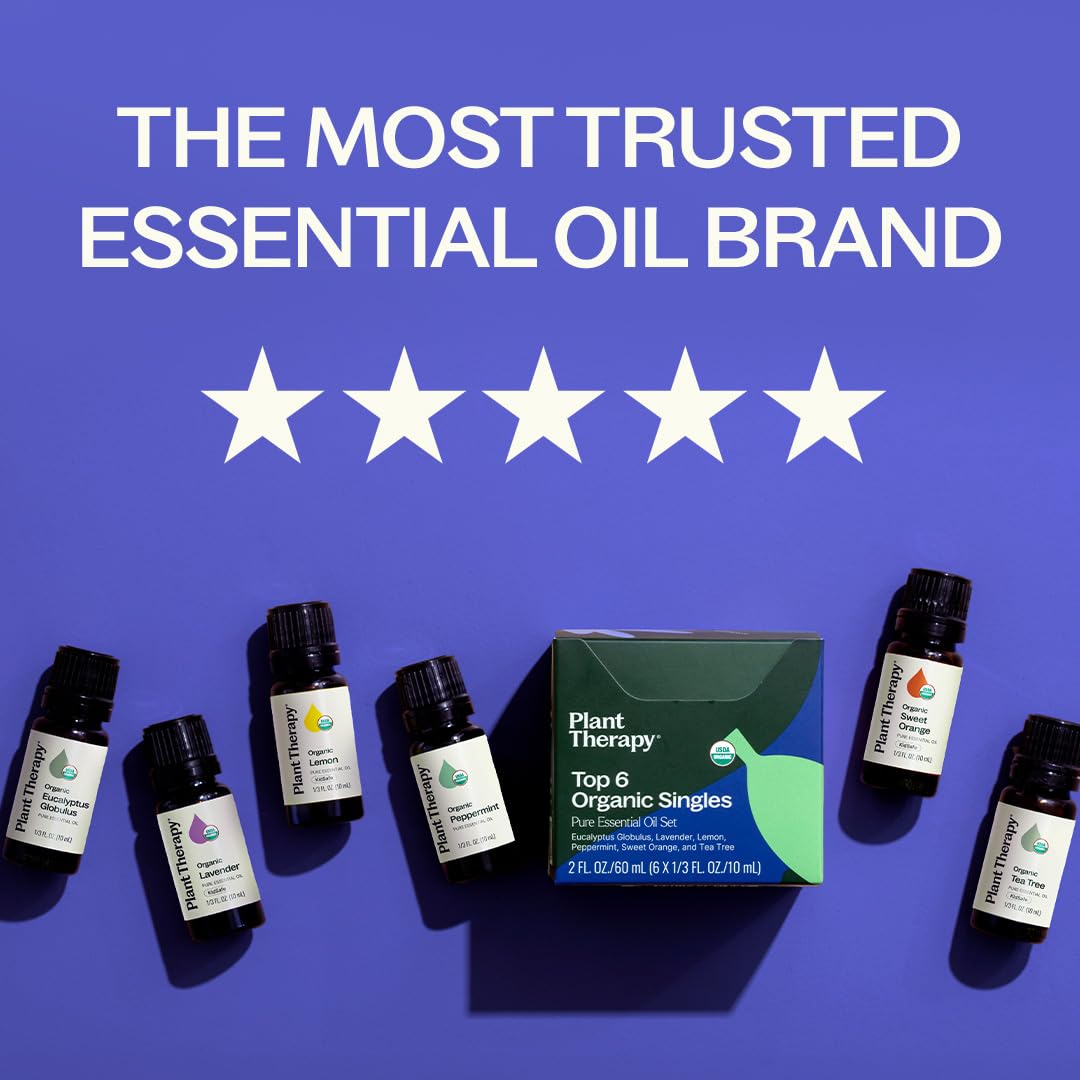 Plant Therapy Top 6 USDA Organic Essential Oil Set - Lavender, Peppermint, Eucalyptus, Lemon, Tea Tree 100% Pure, Natural Aromatherapy, for Diffusion & Topical Use, Therapeutic Grade 10 mL (1/3 oz)